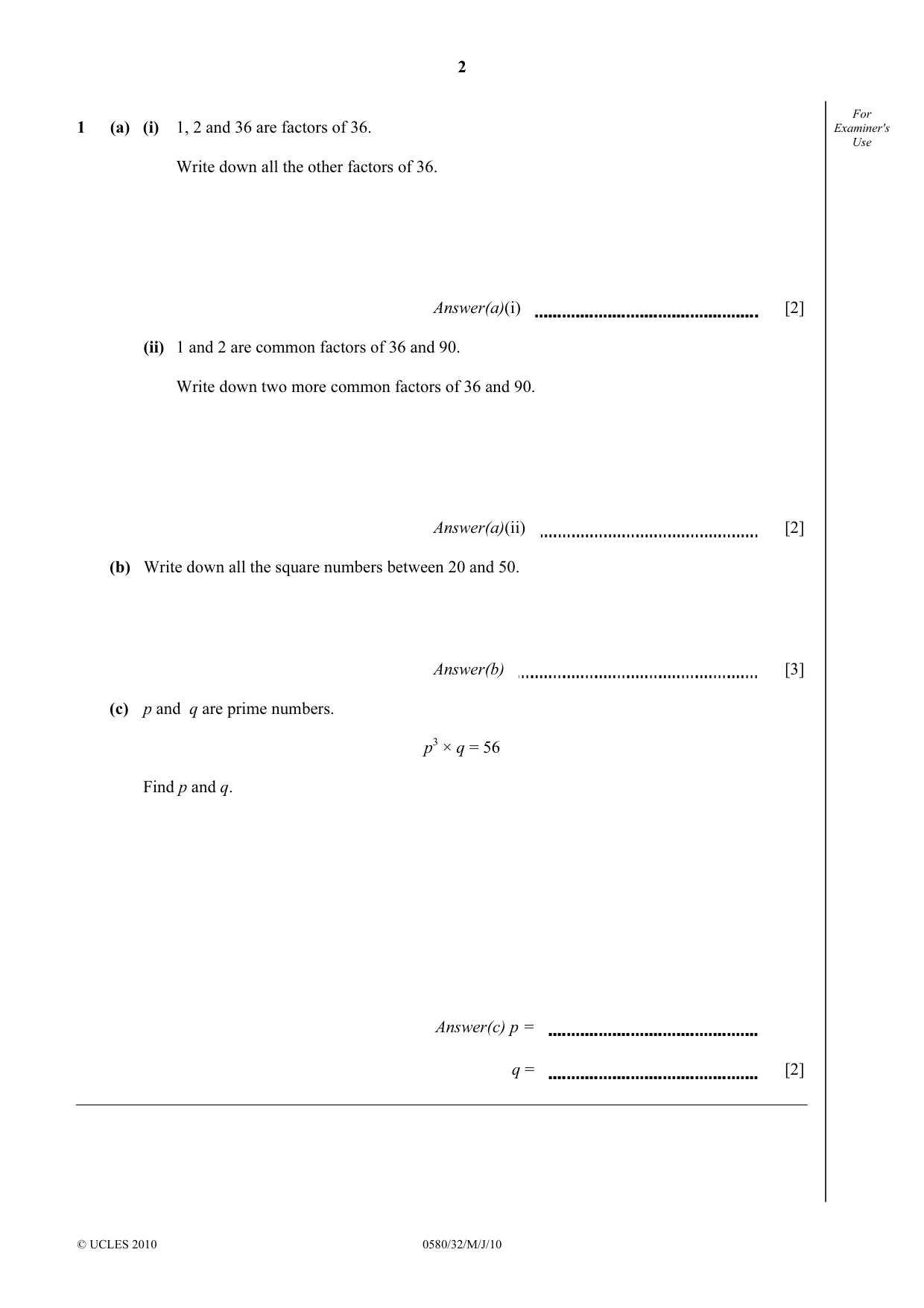 Cambridge IGCSE Mathematics 0580 2010 May/June Paper 3 · Variant 2 question paper, page 2 of 16