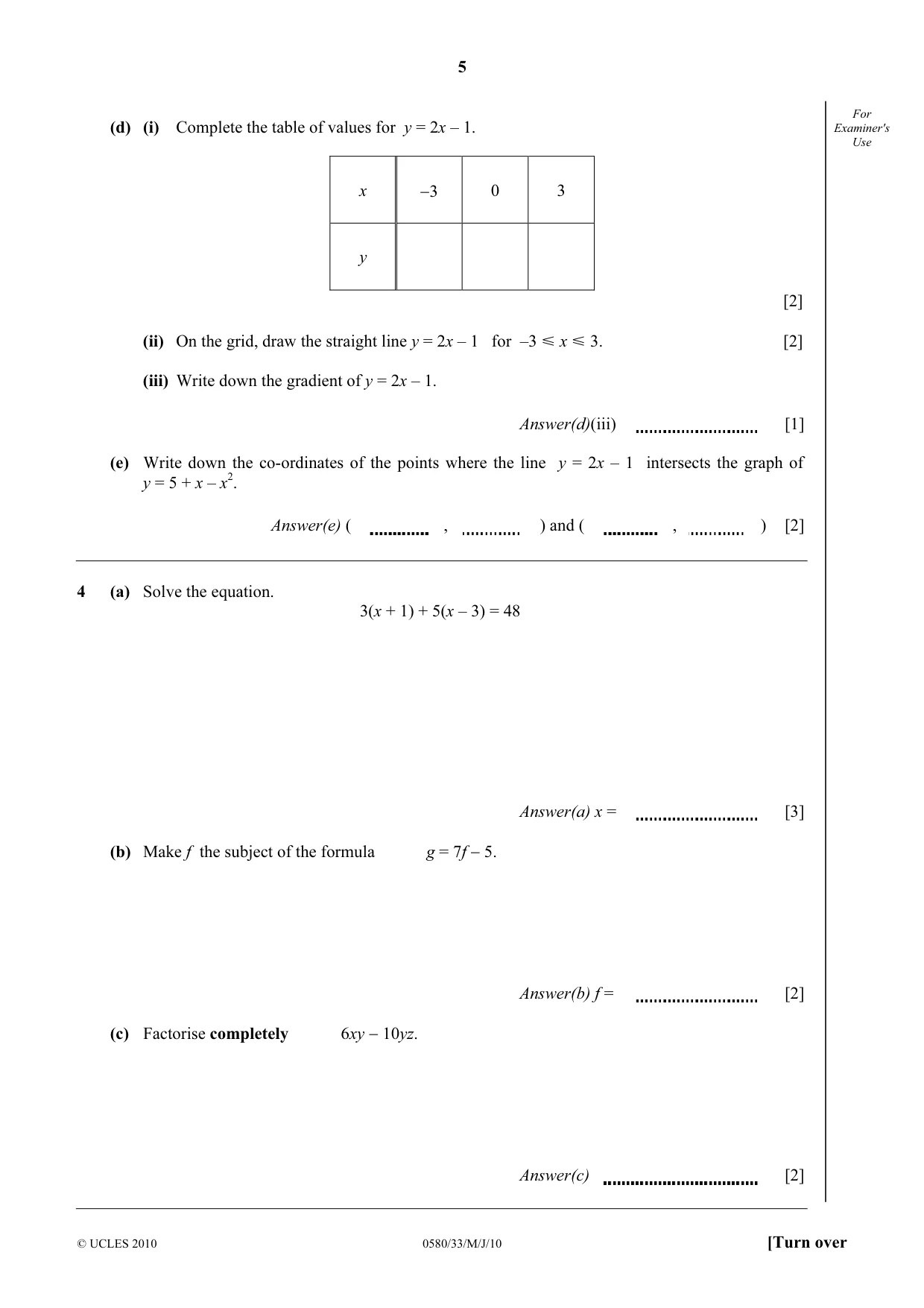 Cambridge IGCSE Mathematics 0580 2010 May/June Paper 3 · Variant 3 question paper, page 5 of 12