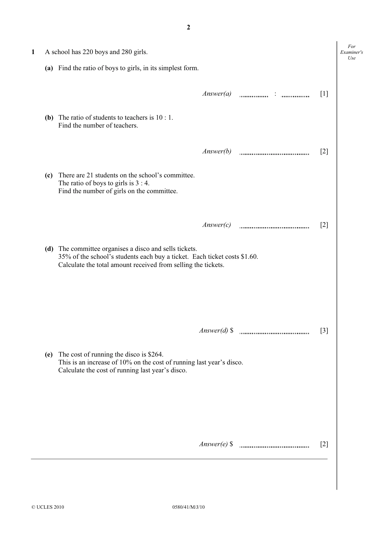 Cambridge IGCSE Mathematics 0580 2010 May/June Paper 4 · Variant 1 question paper, page 2 of 20