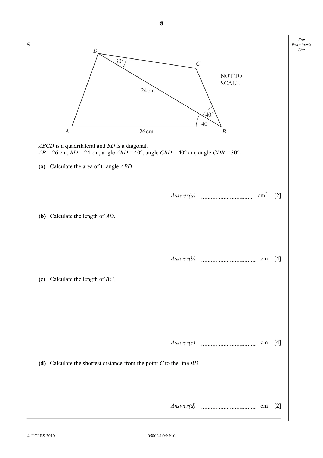 Cambridge IGCSE Mathematics 0580 2010 May/June Paper 4 · Variant 1 question paper, page 8 of 20