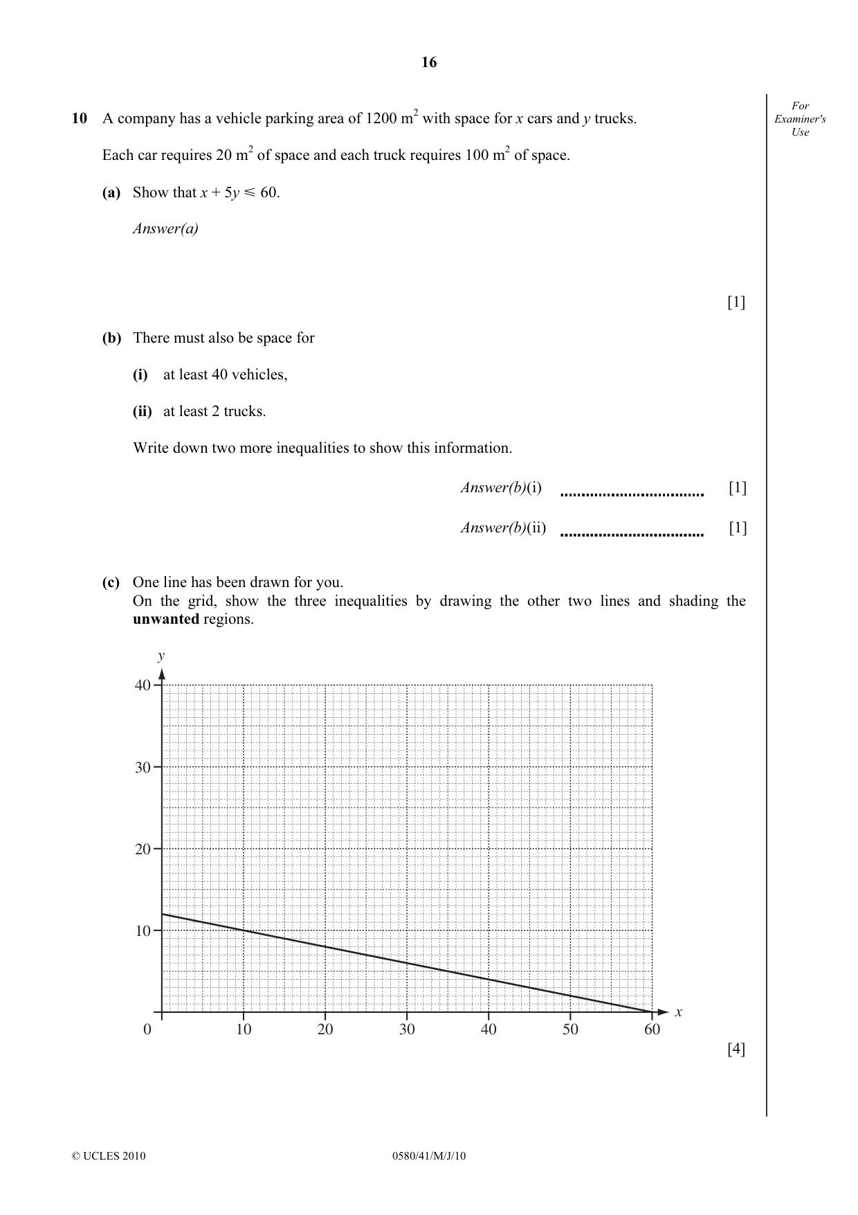 Cambridge IGCSE Mathematics 0580 2010 May/June Paper 4 · Variant 1 question paper, page 16 of 20