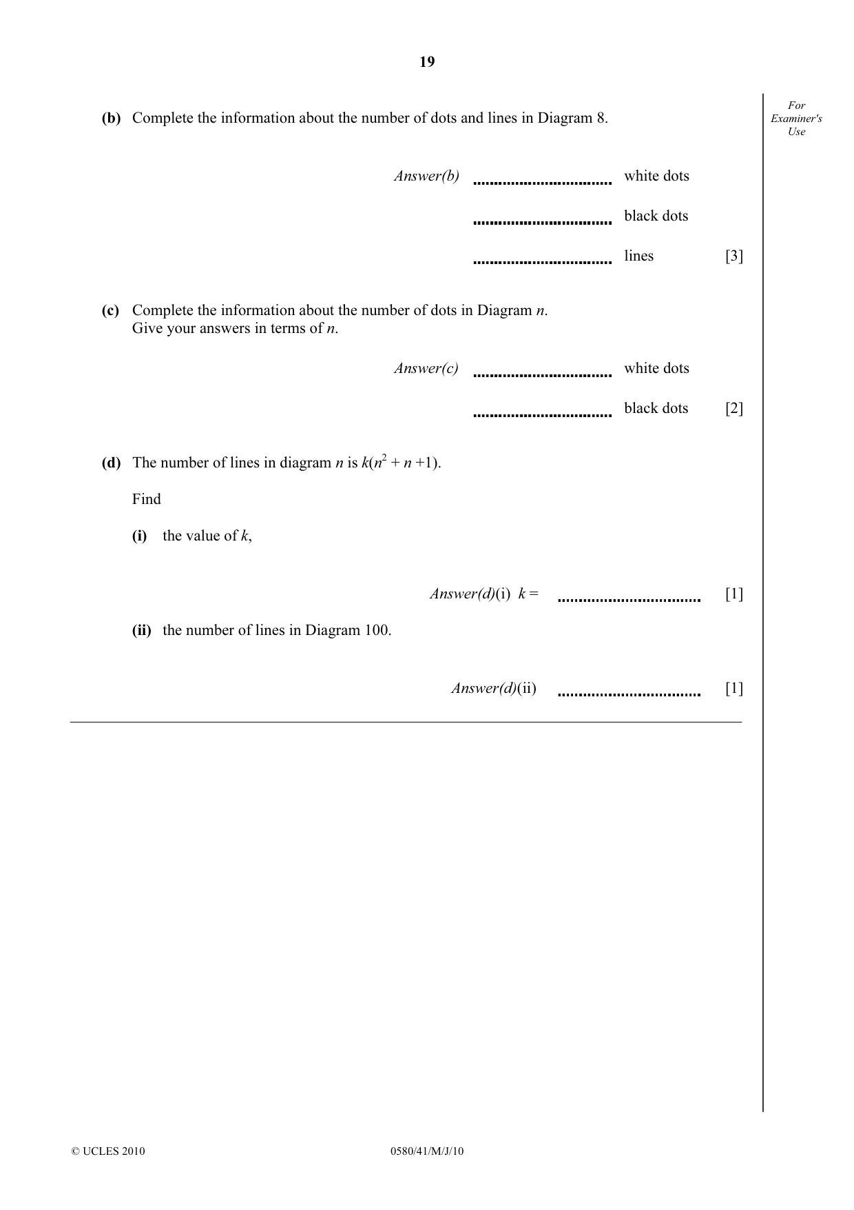 Cambridge IGCSE Mathematics 0580 2010 May/June Paper 4 · Variant 1 question paper, page 19 of 20