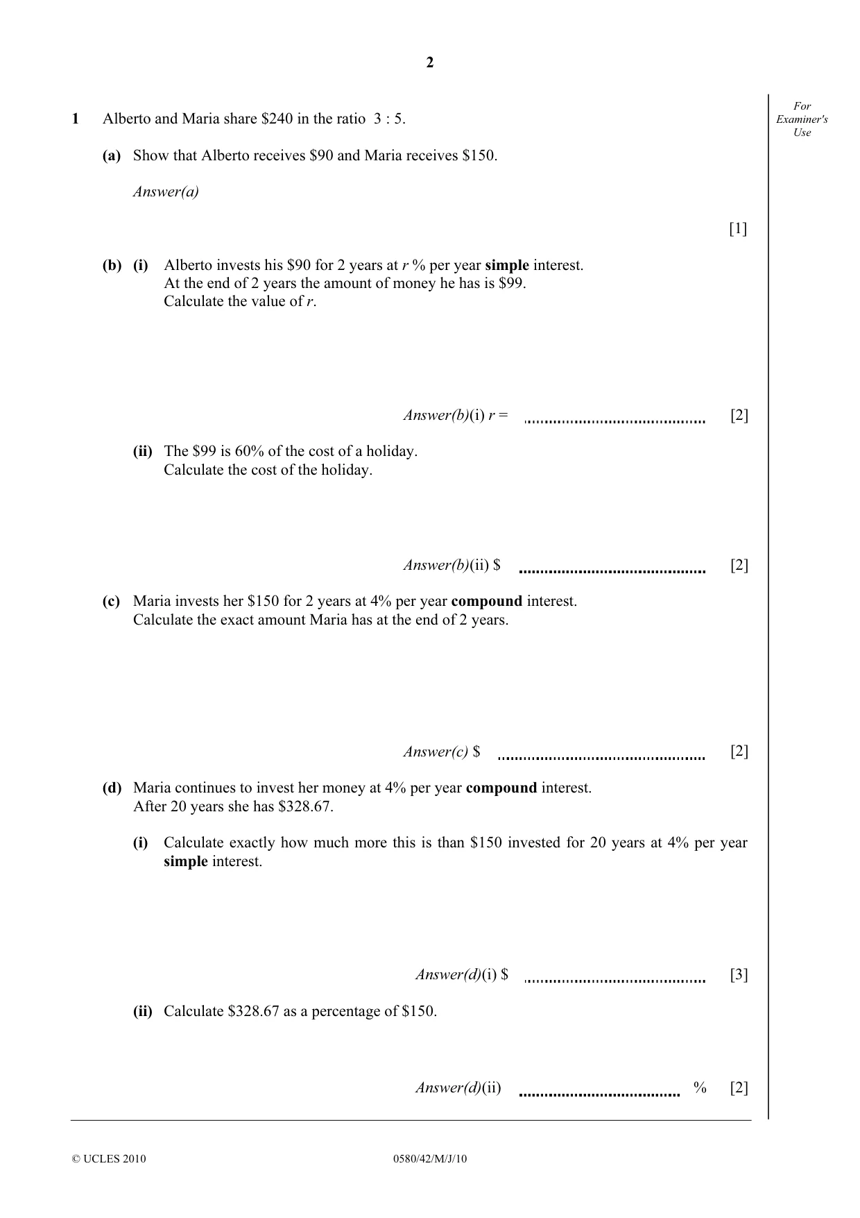 Cambridge IGCSE Mathematics 0580 2010 May/June Paper 4 · Variant 2 question paper, page 2 of 20