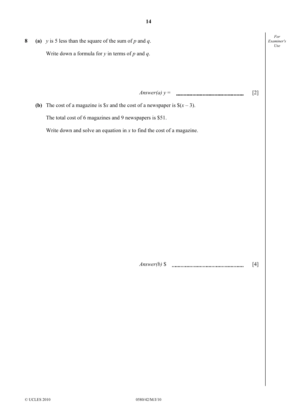 Cambridge IGCSE Mathematics 0580 2010 May/June Paper 4 · Variant 2 question paper, page 14 of 20