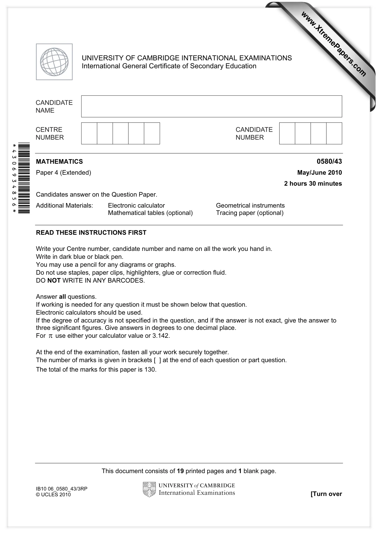 Cambridge IGCSE Mathematics 0580 2010 May/June Paper 4 · Variant 3 question paper, page 1 of 20