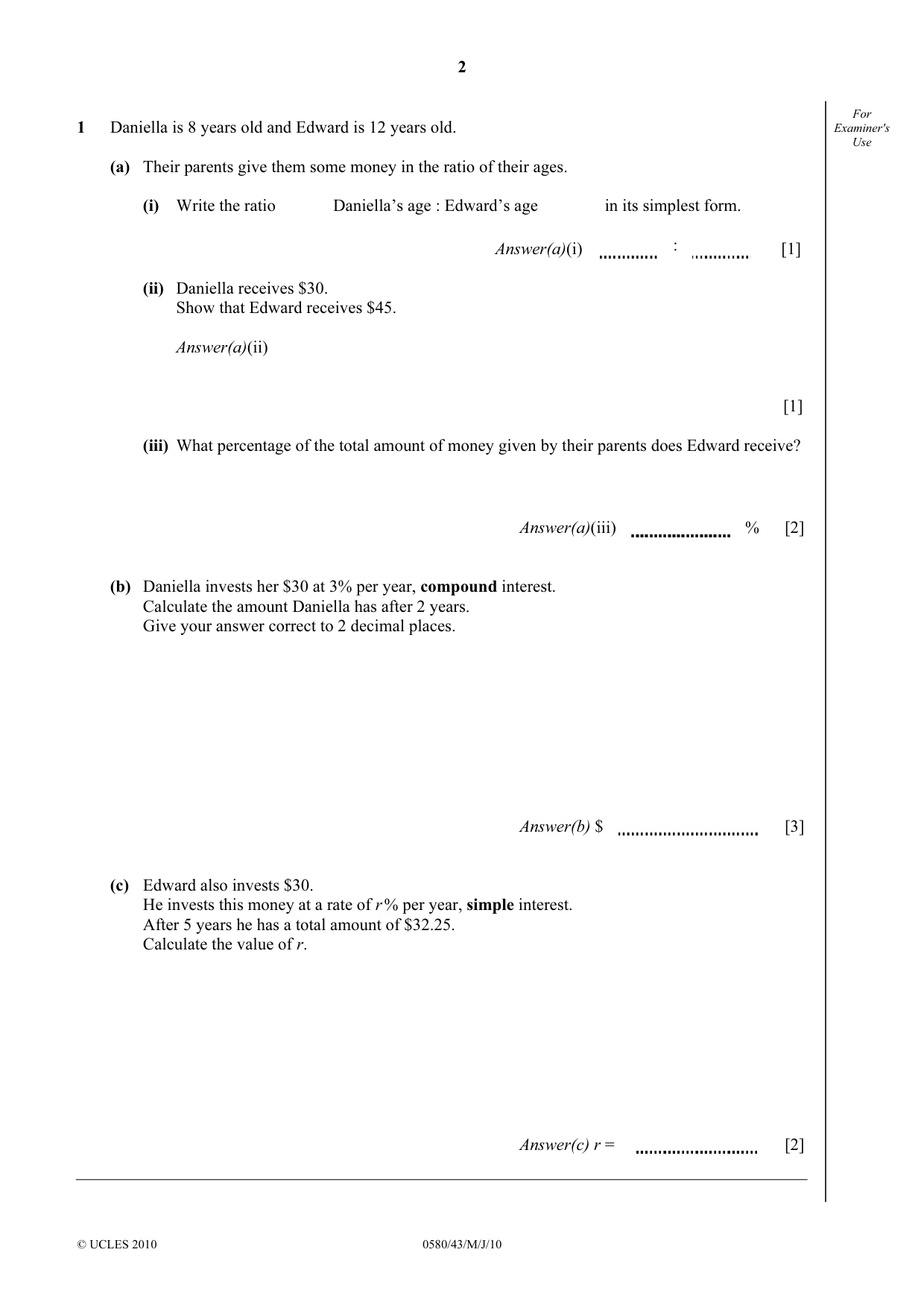 Cambridge IGCSE Mathematics 0580 2010 May/June Paper 4 · Variant 3 question paper, page 2 of 20