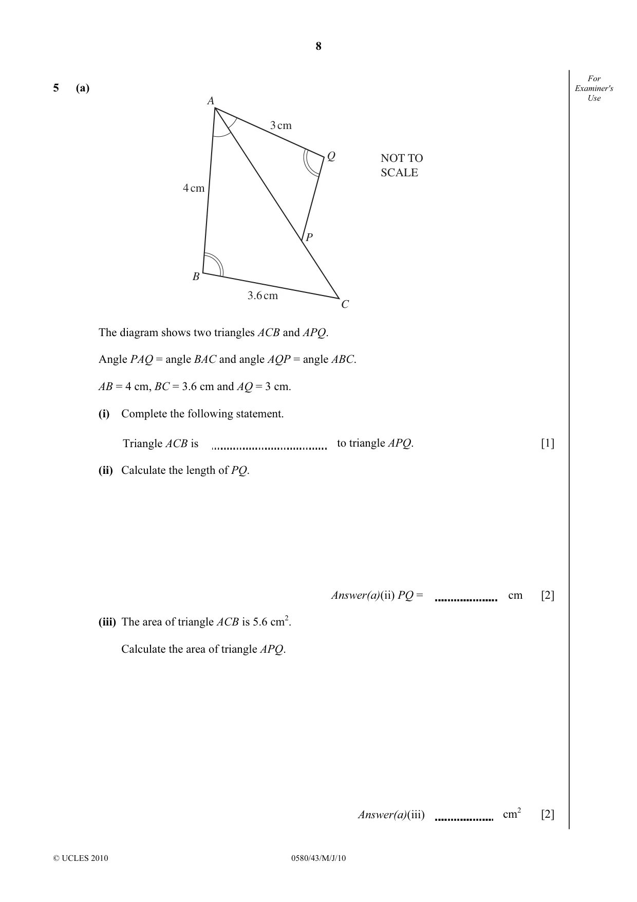 Cambridge IGCSE Mathematics 0580 2010 May/June Paper 4 · Variant 3 question paper, page 8 of 20