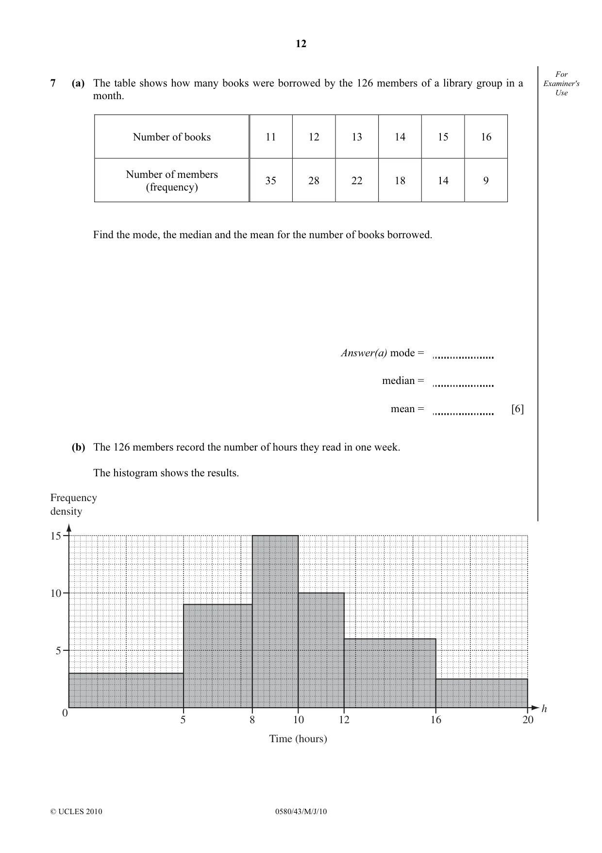 Cambridge IGCSE Mathematics 0580 2010 May/June Paper 4 · Variant 3 question paper, page 12 of 20