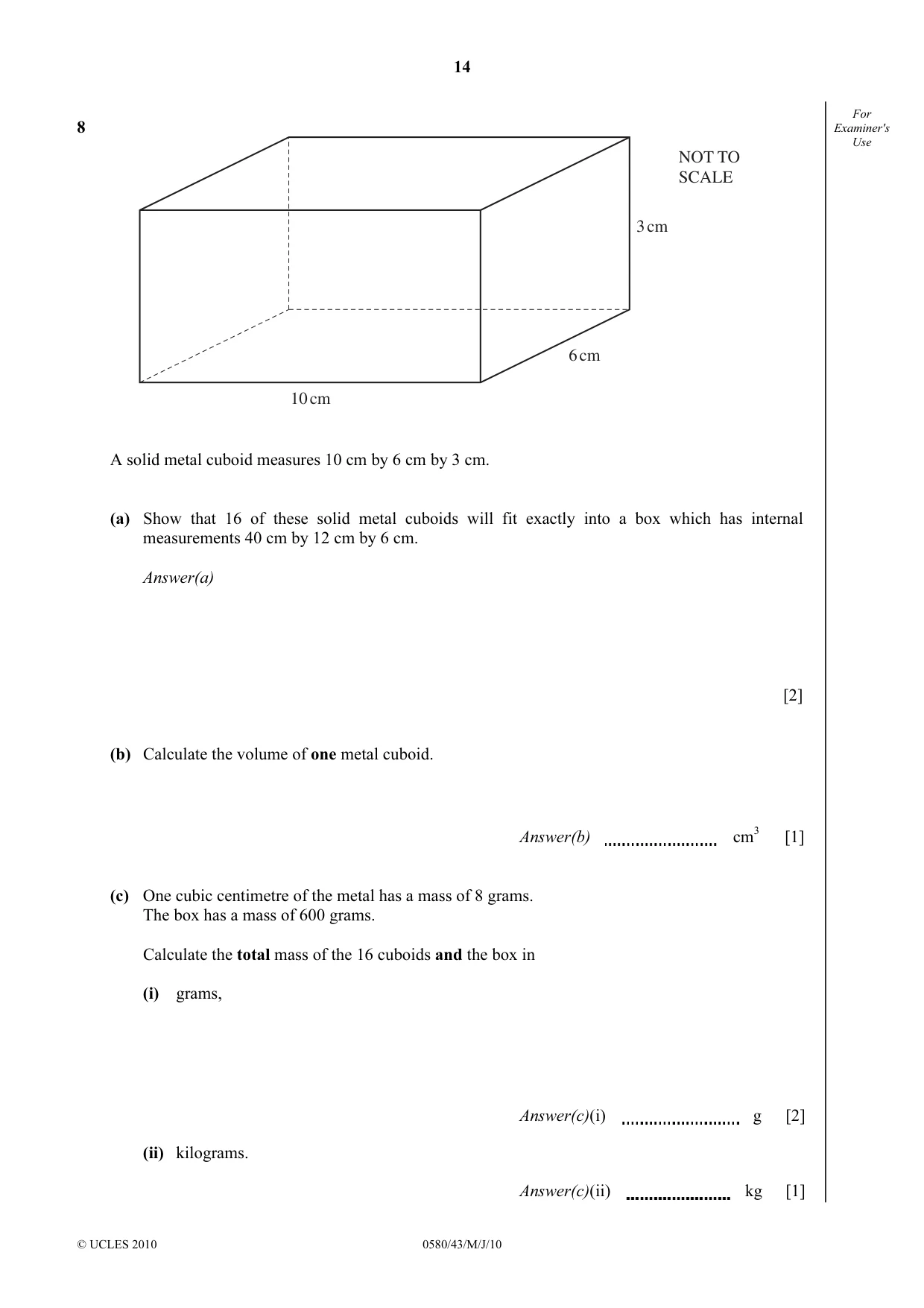 Cambridge IGCSE Mathematics 0580 2010 May/June Paper 4 · Variant 3 question paper, page 14 of 20