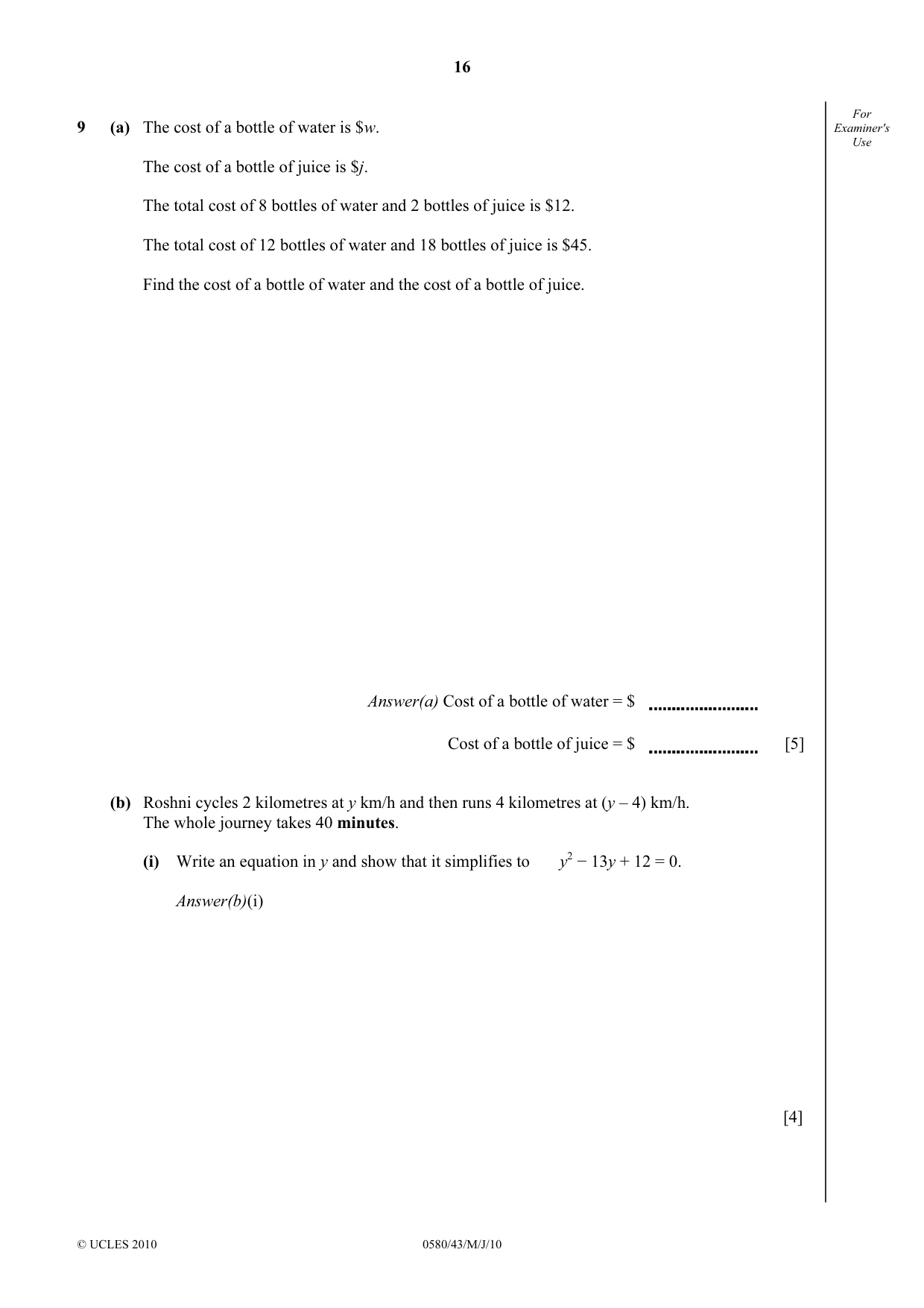 Cambridge IGCSE Mathematics 0580 2010 May/June Paper 4 · Variant 3 question paper, page 16 of 20