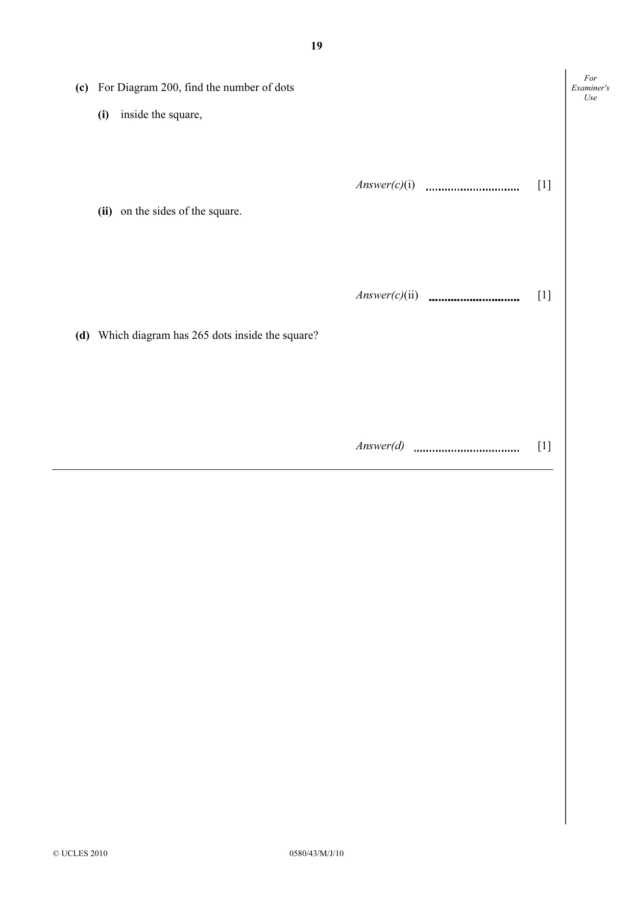Cambridge IGCSE Mathematics 0580 2010 May/June Paper 4 · Variant 3 question paper, page 19 of 20