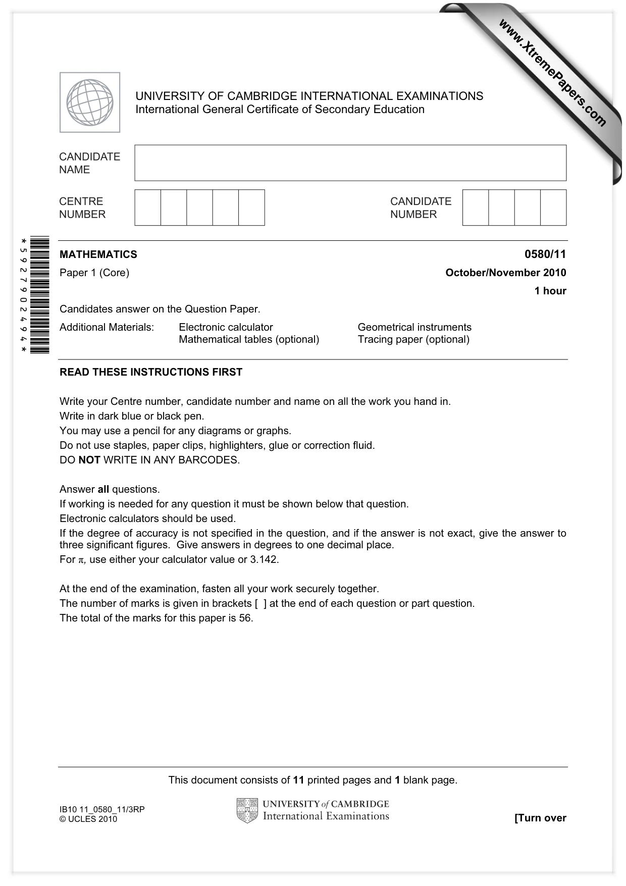 Cambridge IGCSE Mathematics 0580 2010 Oct/Nov Paper 1 · Variant 1 question paper, page 1 of 12