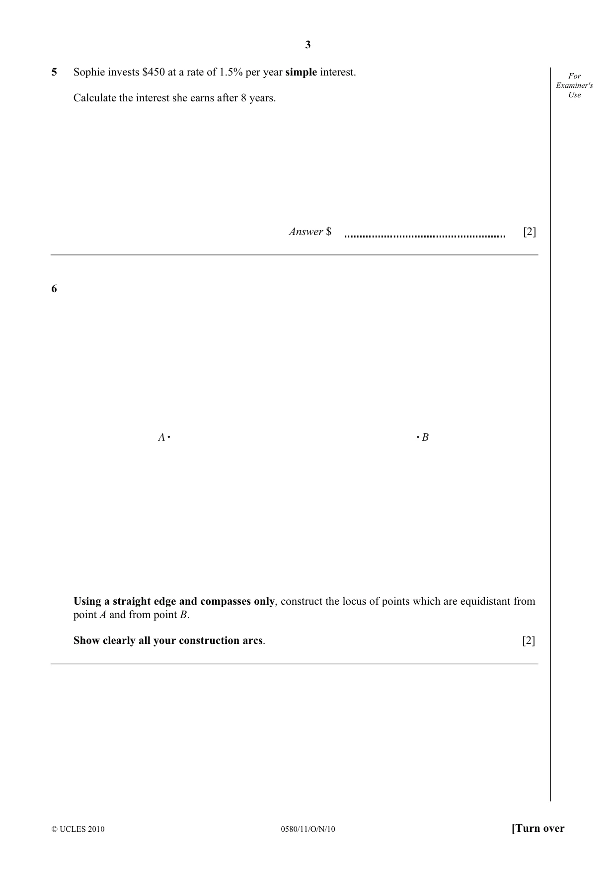 Cambridge IGCSE Mathematics 0580 2010 Oct/Nov Paper 1 · Variant 1 question paper, page 3 of 12
