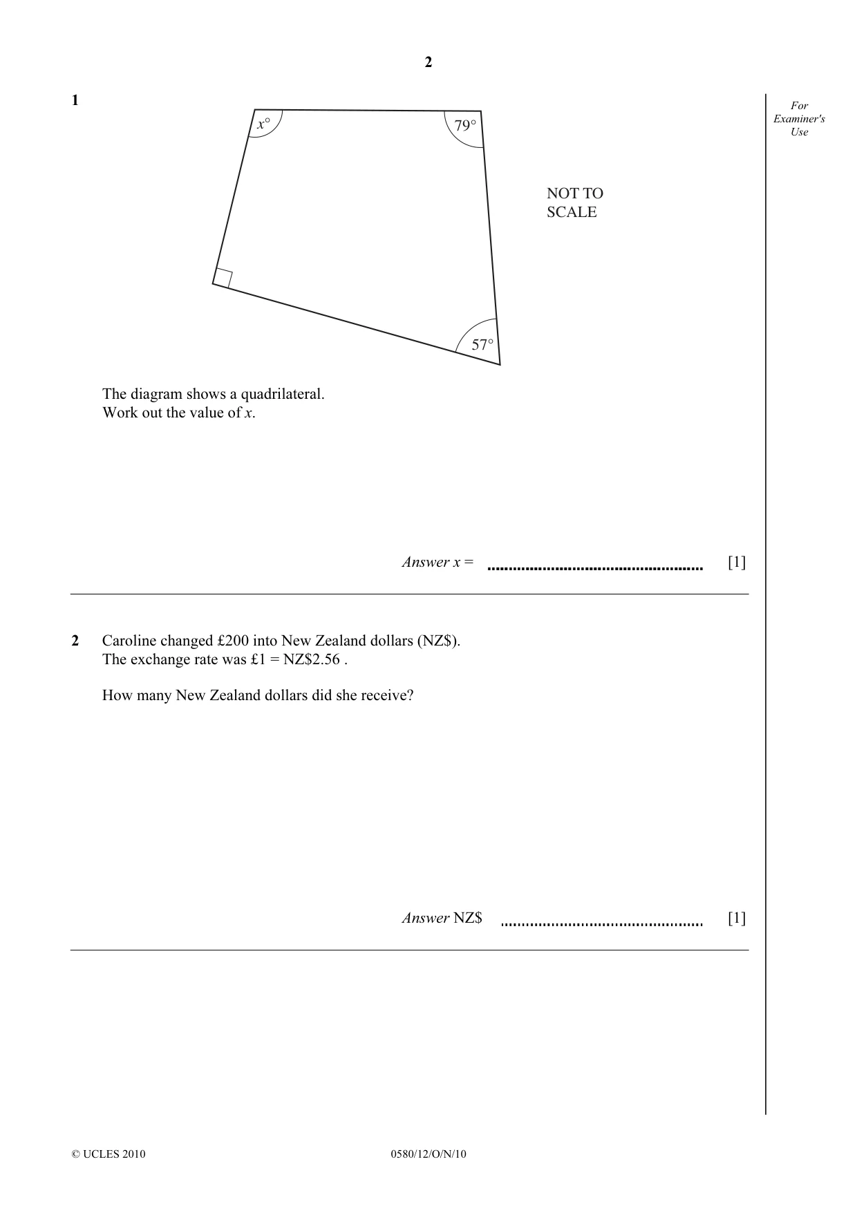 Cambridge IGCSE Mathematics 0580 2010 Oct/Nov Paper 1 · Variant 2 question paper, page 2 of 12