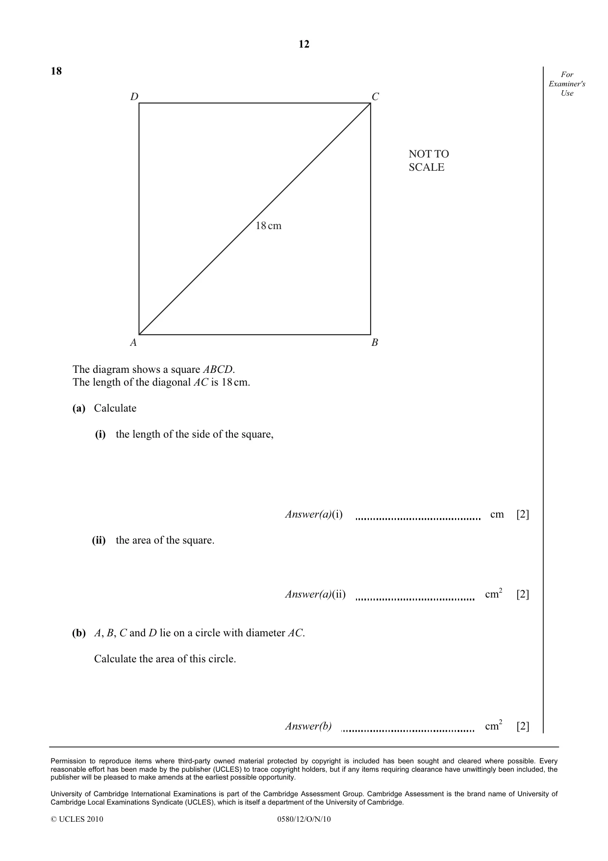 Cambridge IGCSE Mathematics 0580 2010 Oct/Nov Paper 1 · Variant 2 question paper, page 12 of 12