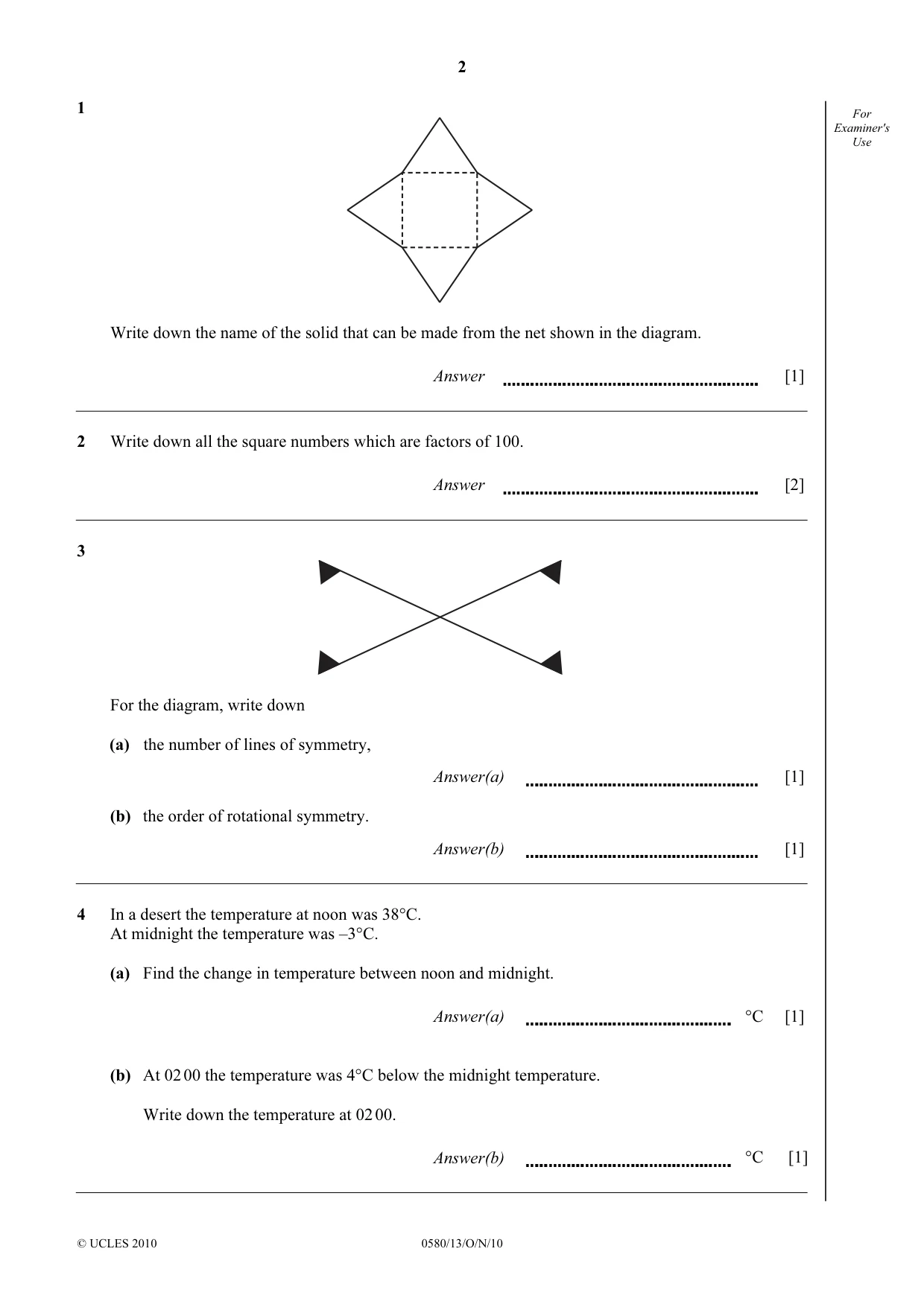 Cambridge IGCSE Mathematics 0580 2010 Oct/Nov Paper 1 · Variant 3 question paper, page 2 of 8