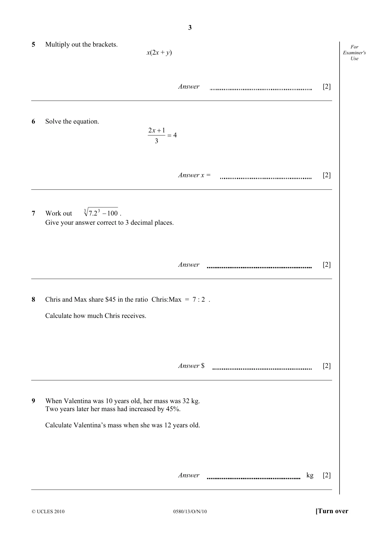 Cambridge IGCSE Mathematics 0580 2010 Oct/Nov Paper 1 · Variant 3 question paper, page 3 of 8