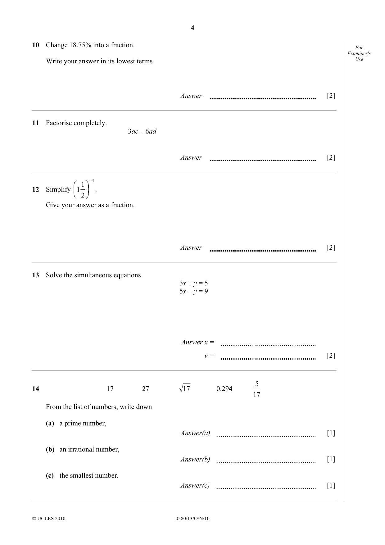 Cambridge IGCSE Mathematics 0580 2010 Oct/Nov Paper 1 · Variant 3 question paper, page 4 of 8