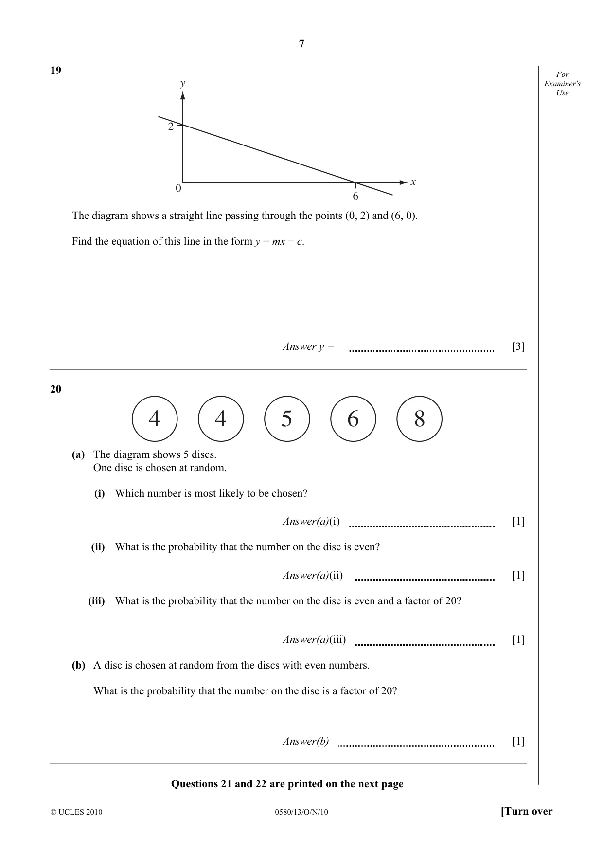 Cambridge IGCSE Mathematics 0580 2010 Oct/Nov Paper 1 · Variant 3 question paper, page 7 of 8