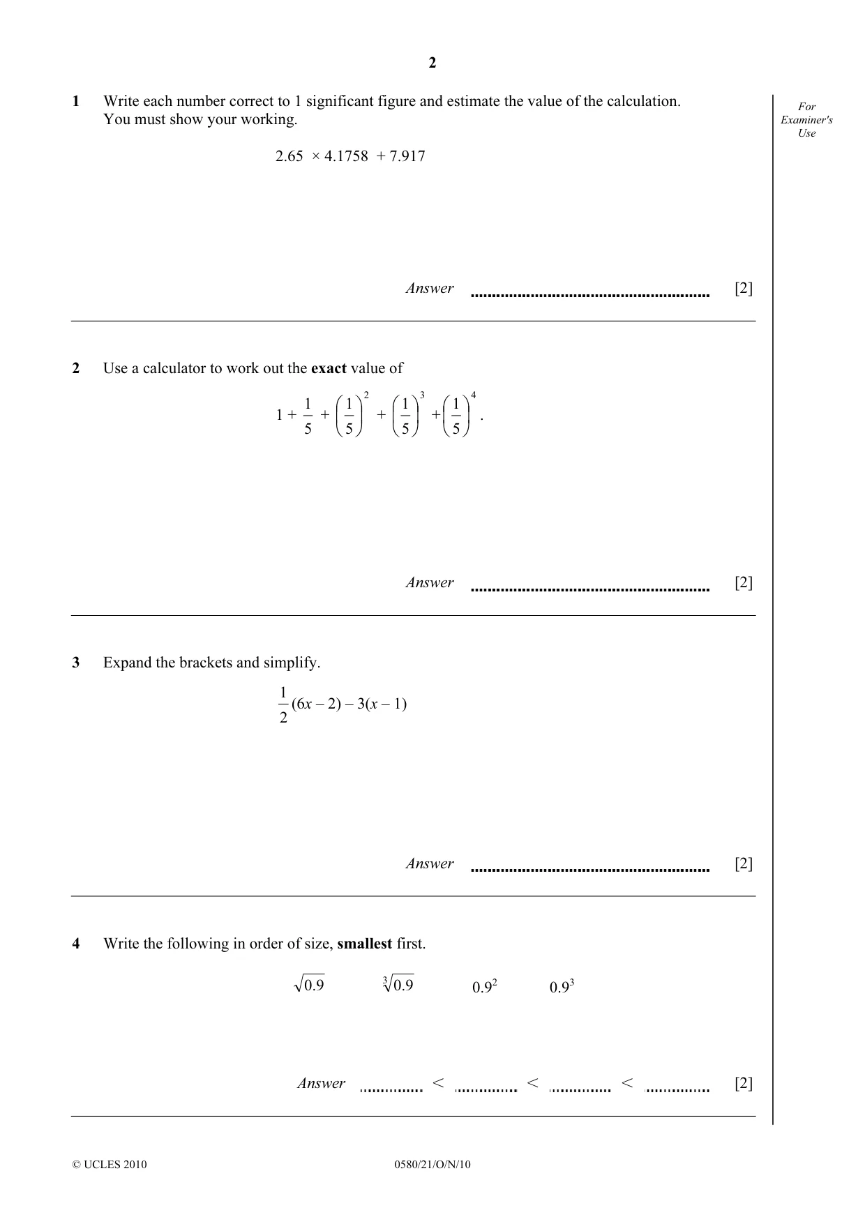 Cambridge IGCSE Mathematics 0580 2010 Oct/Nov Paper 2 · Variant 1 question paper, page 2 of 12