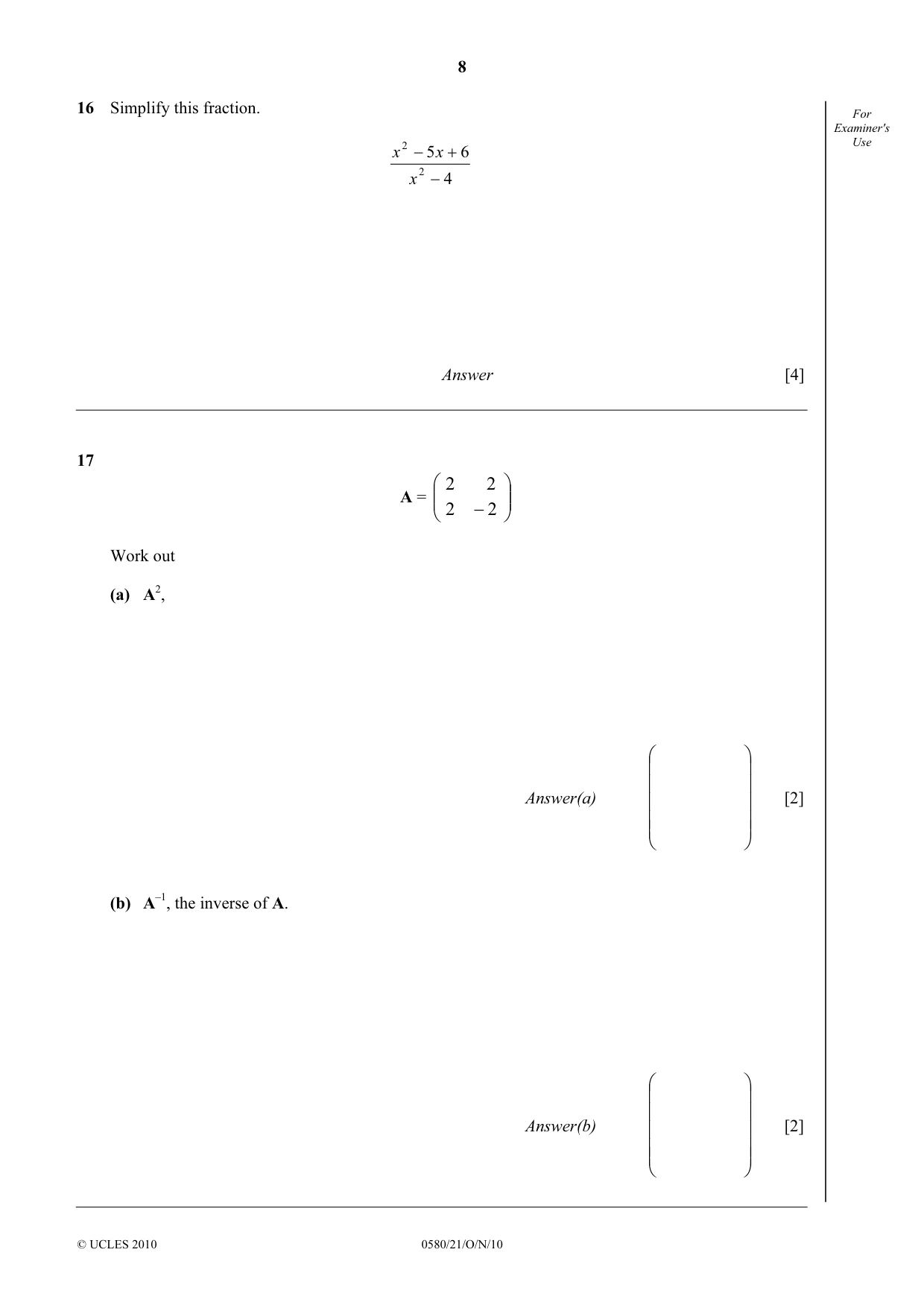 Cambridge IGCSE Mathematics 0580 2010 Oct/Nov Paper 2 · Variant 1 question paper, page 8 of 12