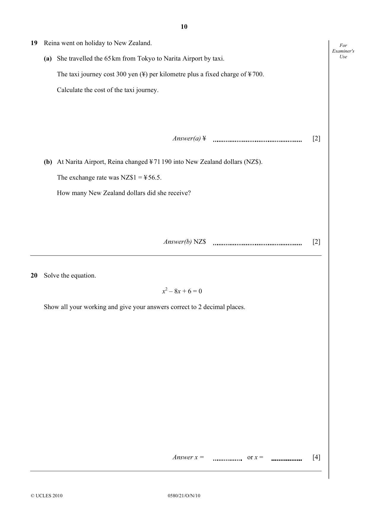 Cambridge IGCSE Mathematics 0580 2010 Oct/Nov Paper 2 · Variant 1 question paper, page 10 of 12