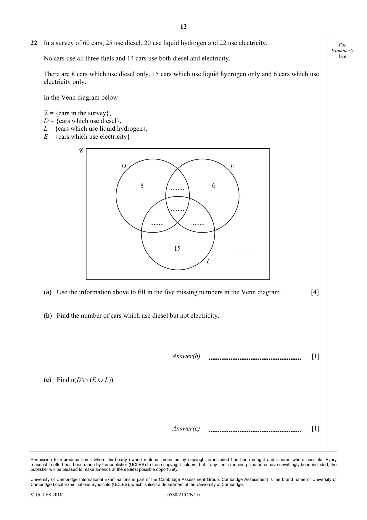 Cambridge IGCSE Mathematics 0580 2010 Oct/Nov Paper 2 · Variant 1 question paper, page 12 of 12