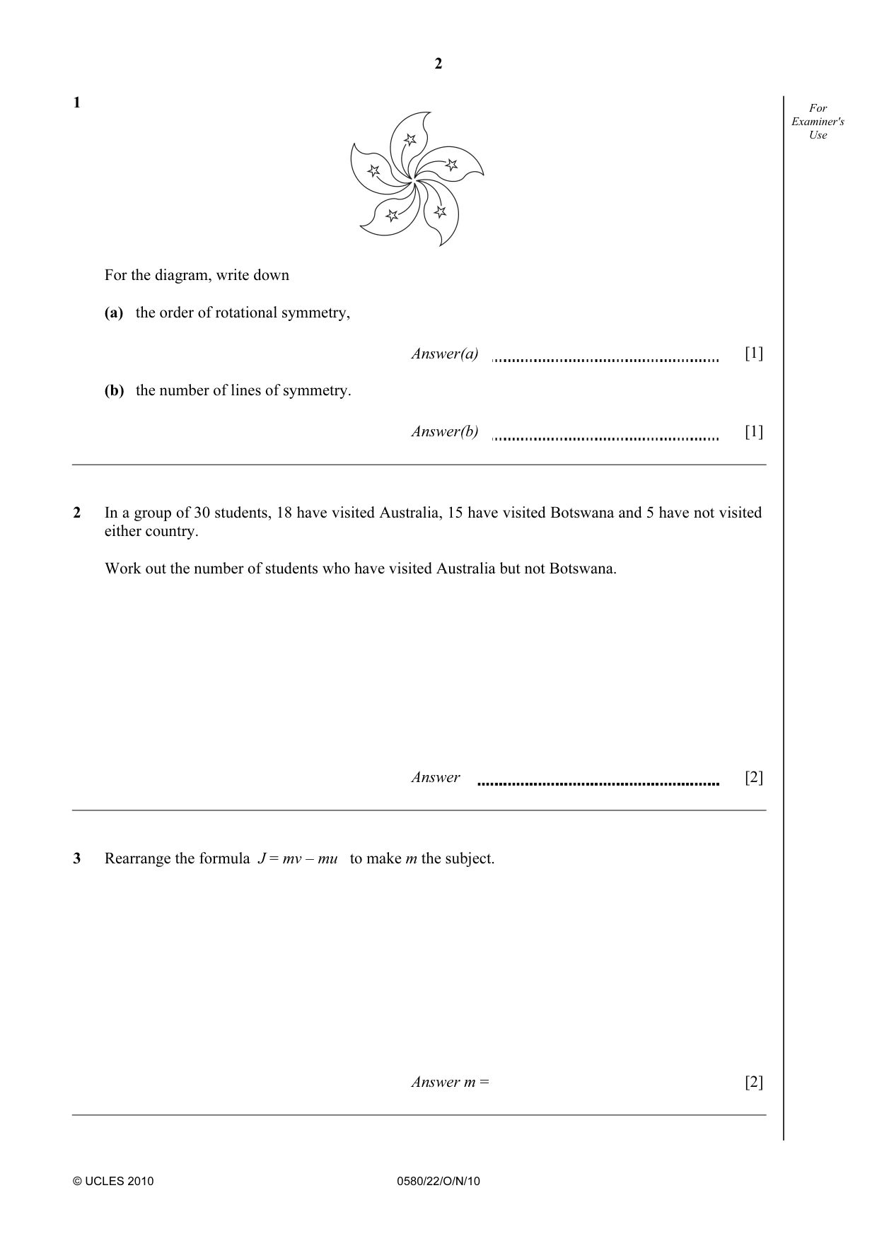 Cambridge IGCSE Mathematics 0580 2010 Oct/Nov Paper 2 · Variant 2 question paper, page 2 of 12