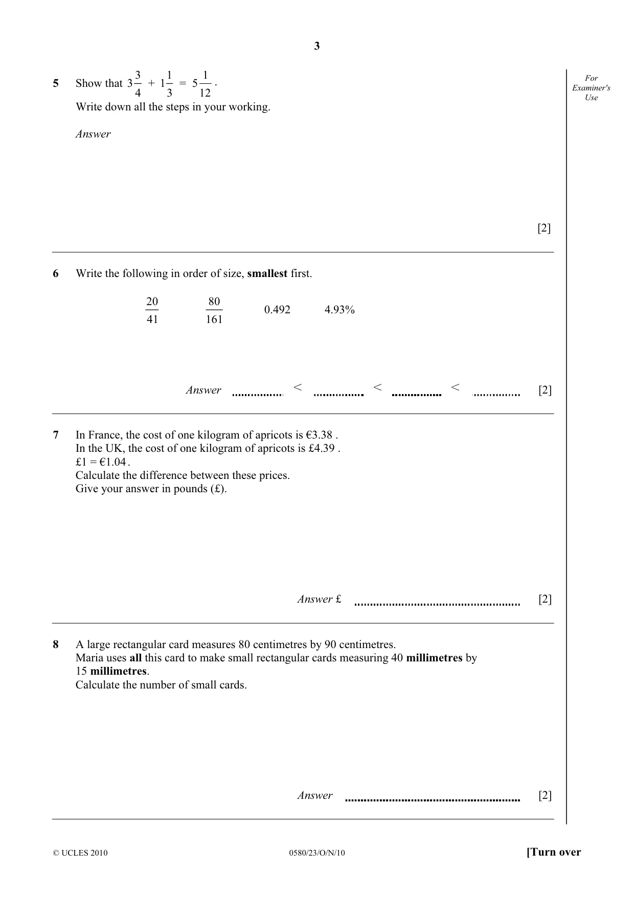 Cambridge IGCSE Mathematics 0580 2010 Oct/Nov Paper 2 · Variant 3 question paper, page 3 of 12