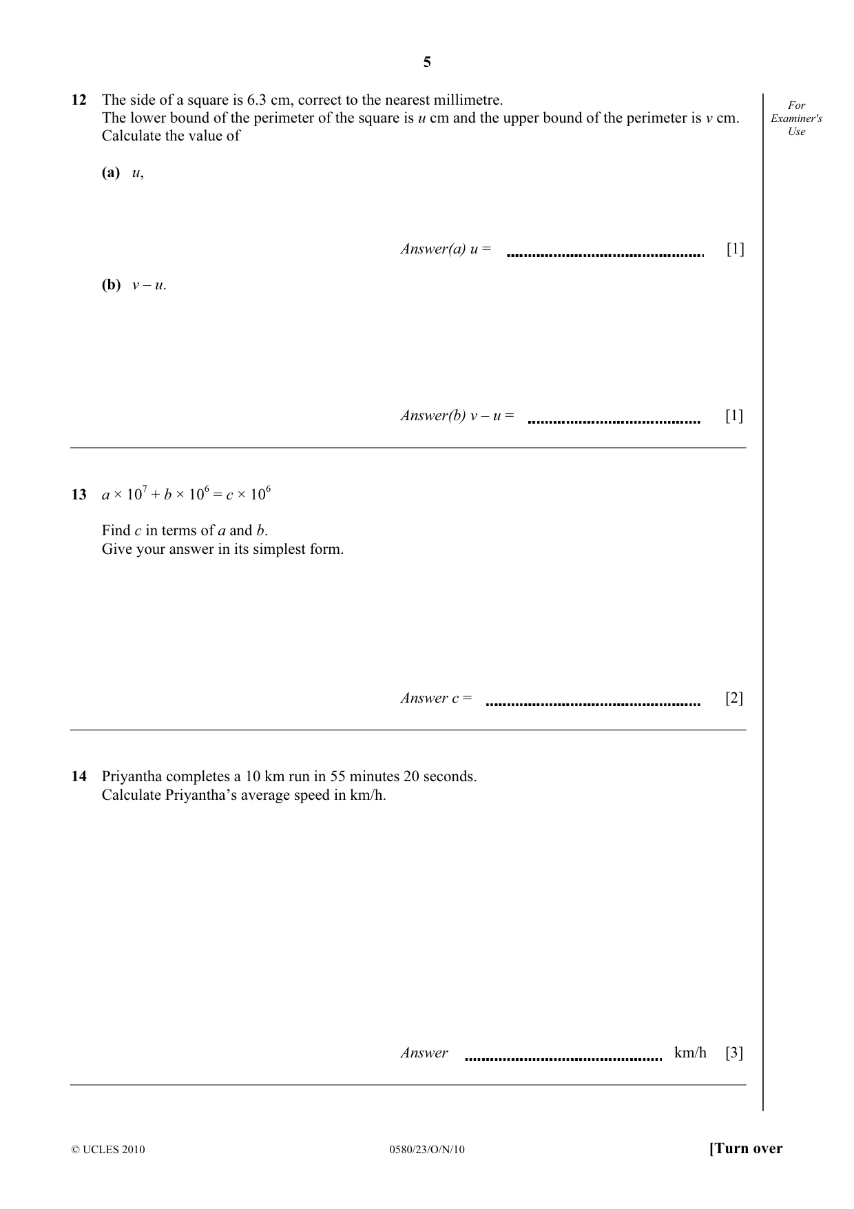 Cambridge IGCSE Mathematics 0580 2010 Oct/Nov Paper 2 · Variant 3 question paper, page 5 of 12