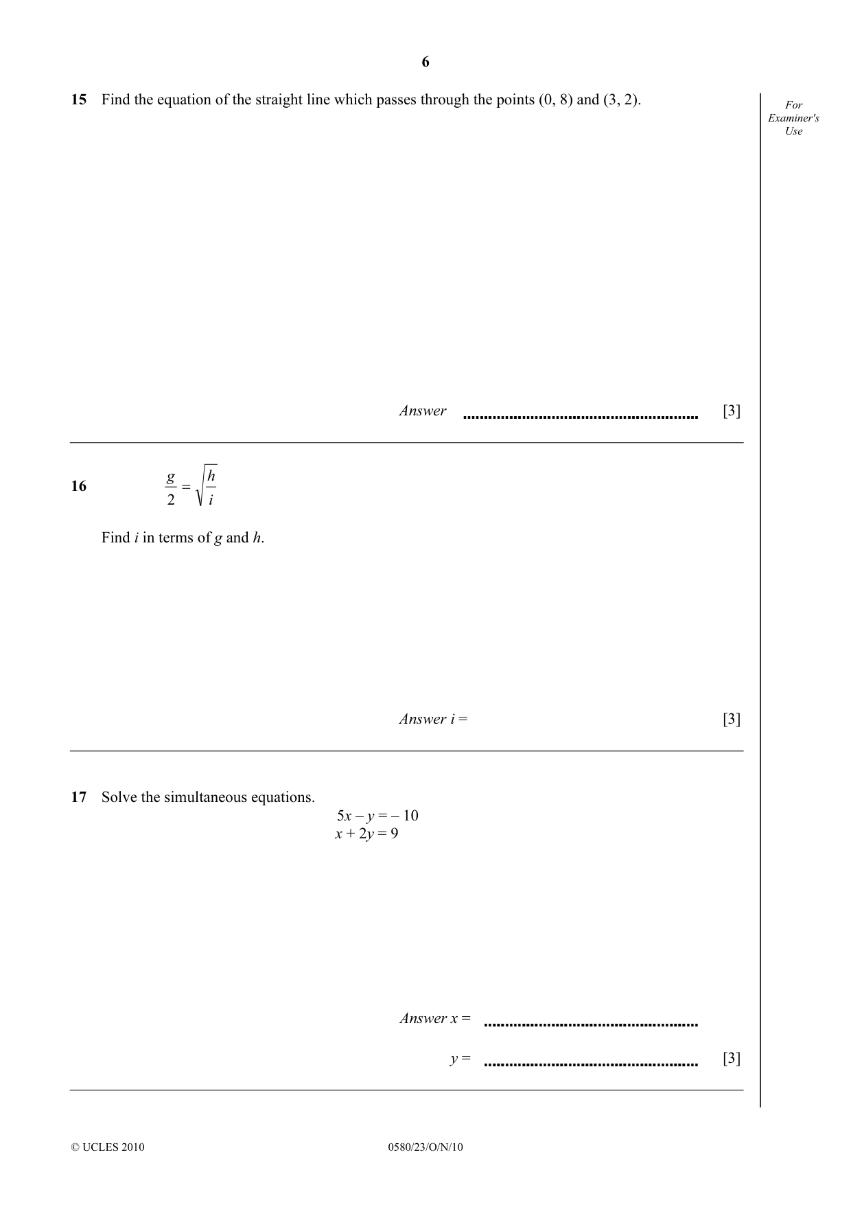 Cambridge IGCSE Mathematics 0580 2010 Oct/Nov Paper 2 · Variant 3 question paper, page 6 of 12