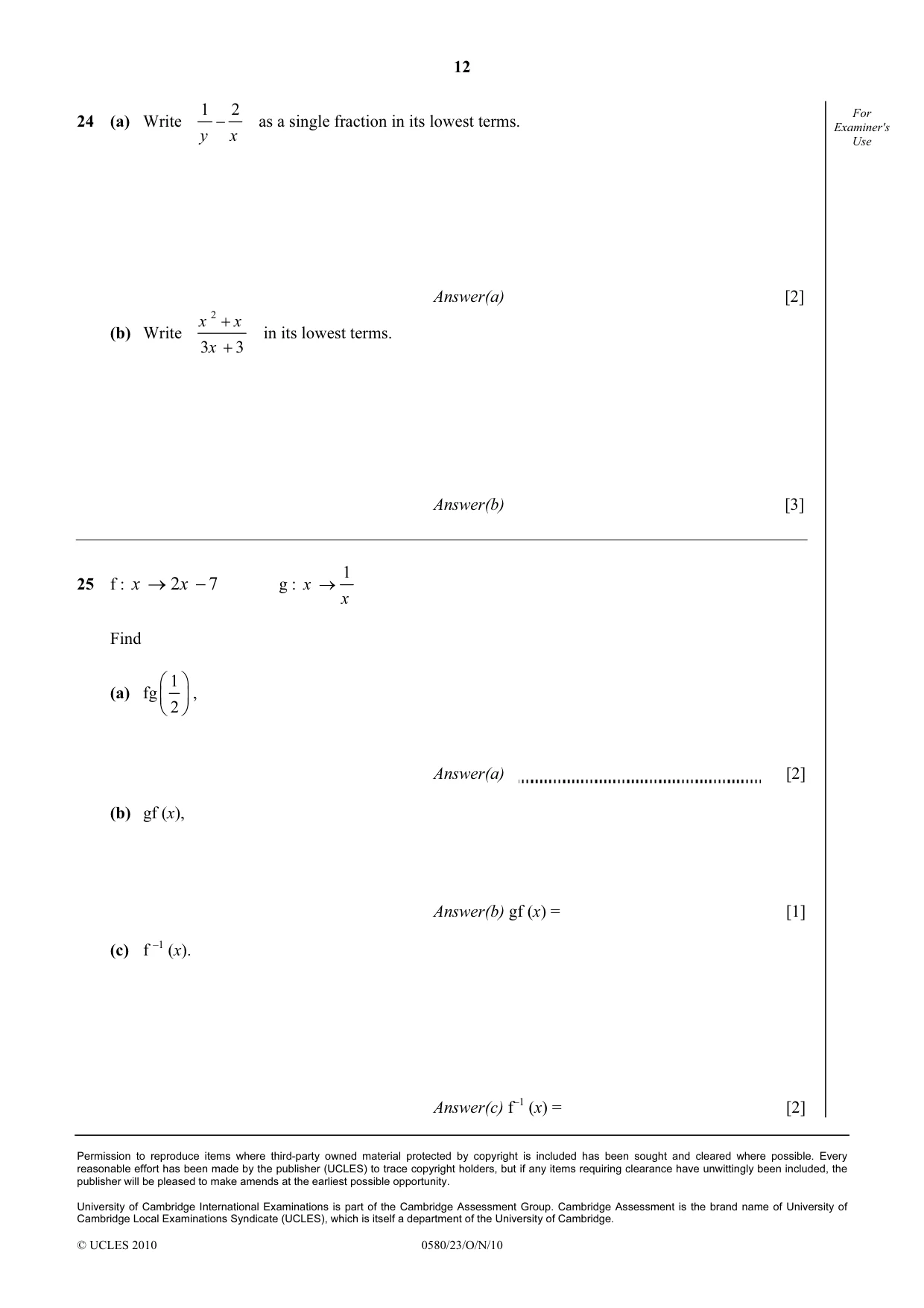 Cambridge IGCSE Mathematics 0580 2010 Oct/Nov Paper 2 · Variant 3 question paper, page 12 of 12