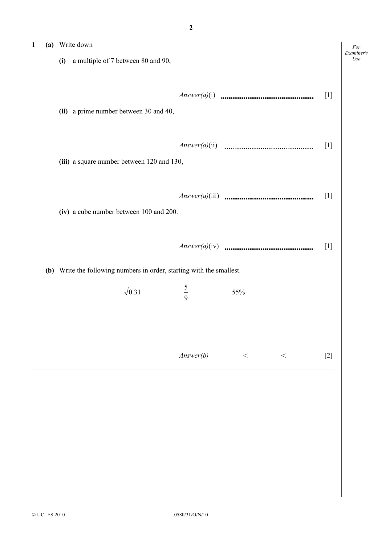Cambridge IGCSE Mathematics 0580 2010 Oct/Nov Paper 3 · Variant 1 question paper, page 2 of 16