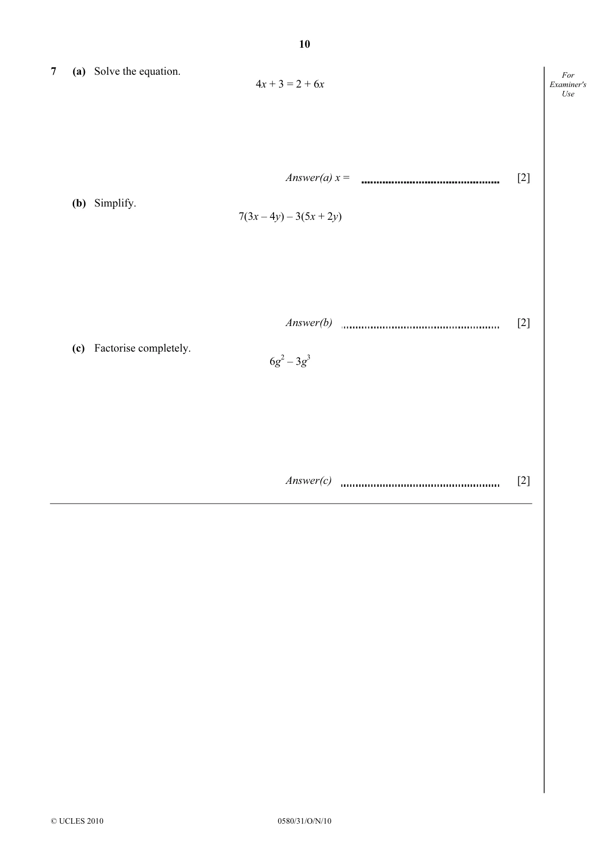 Cambridge IGCSE Mathematics 0580 2010 Oct/Nov Paper 3 · Variant 1 question paper, page 10 of 16