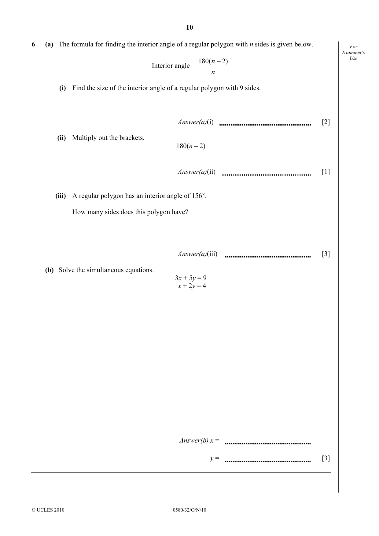 Cambridge IGCSE Mathematics 0580 2010 Oct/Nov Paper 3 · Variant 2 question paper, page 10 of 16