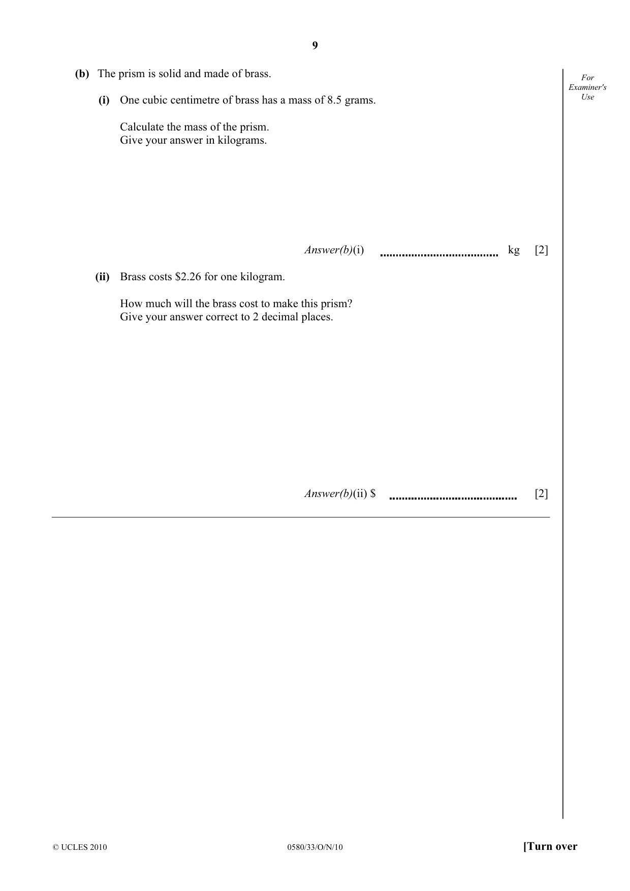 Cambridge IGCSE Mathematics 0580 2010 Oct/Nov Paper 3 · Variant 3 question paper, page 9 of 16
