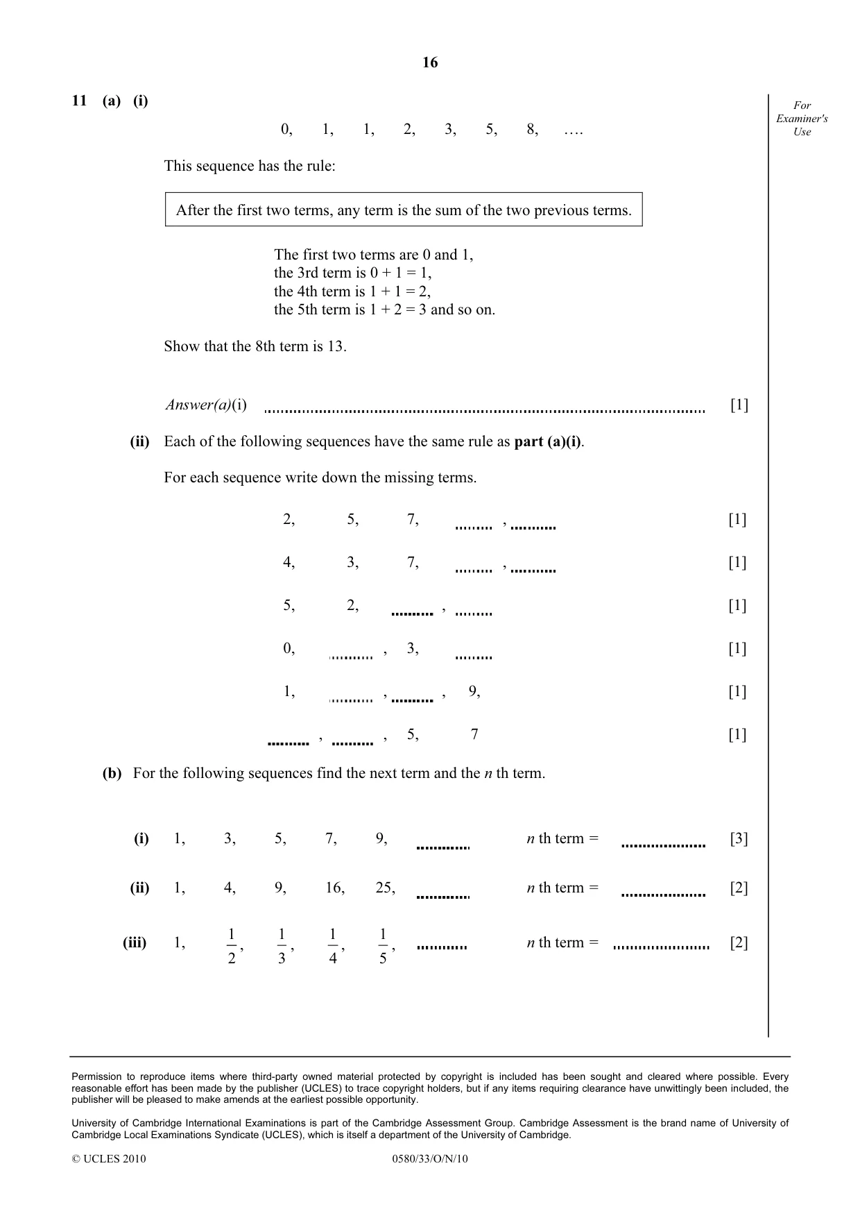 Cambridge IGCSE Mathematics 0580 2010 Oct/Nov Paper 3 · Variant 3 question paper, page 16 of 16