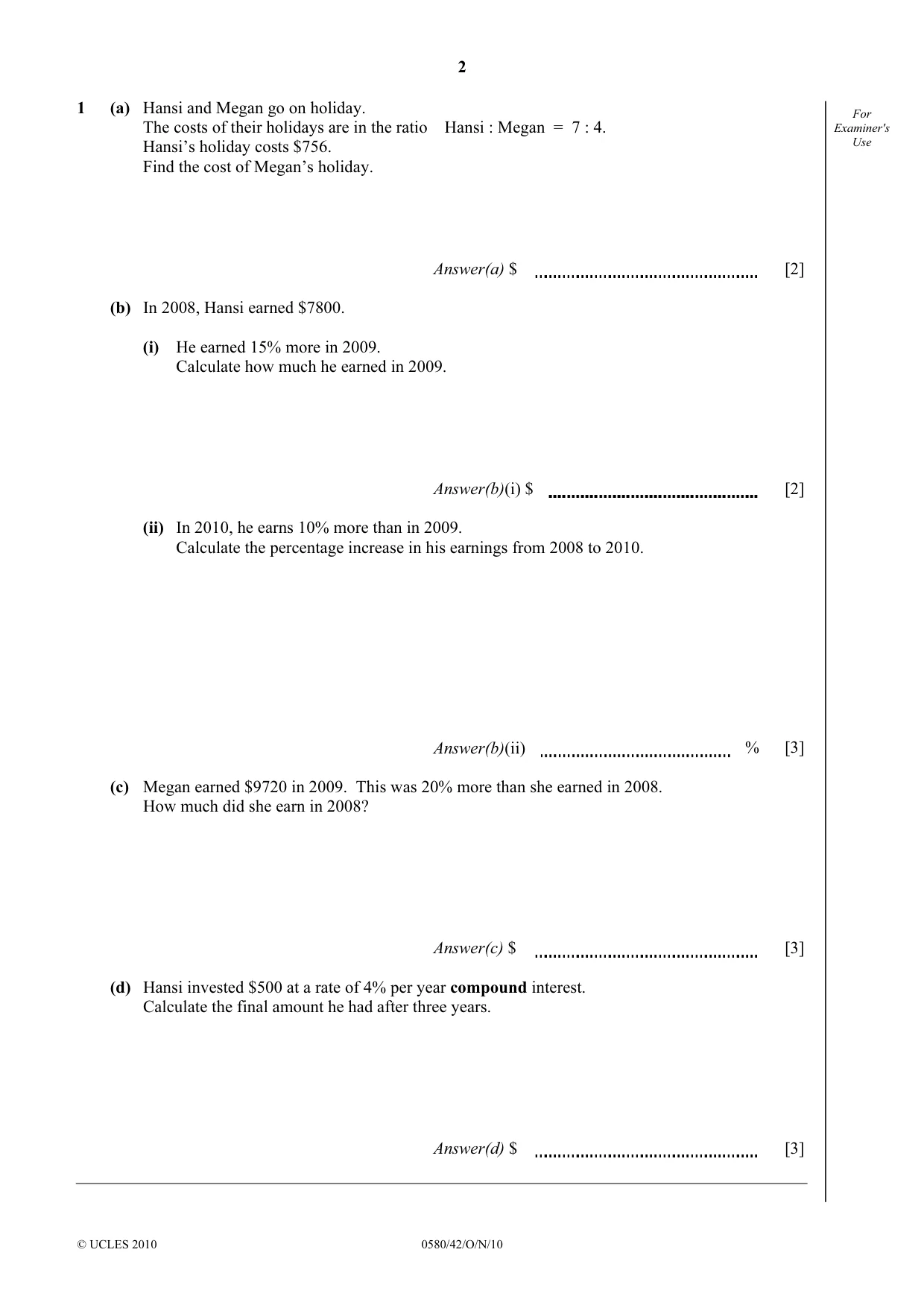 Cambridge IGCSE Mathematics 0580 2010 Oct/Nov Paper 4 · Variant 2 question paper, page 2 of 20
