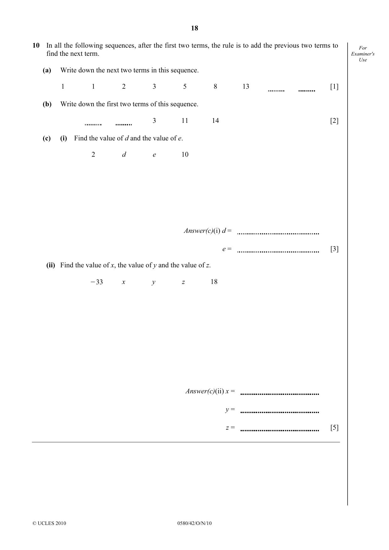 Cambridge IGCSE Mathematics 0580 2010 Oct/Nov Paper 4 · Variant 2 question paper, page 18 of 20