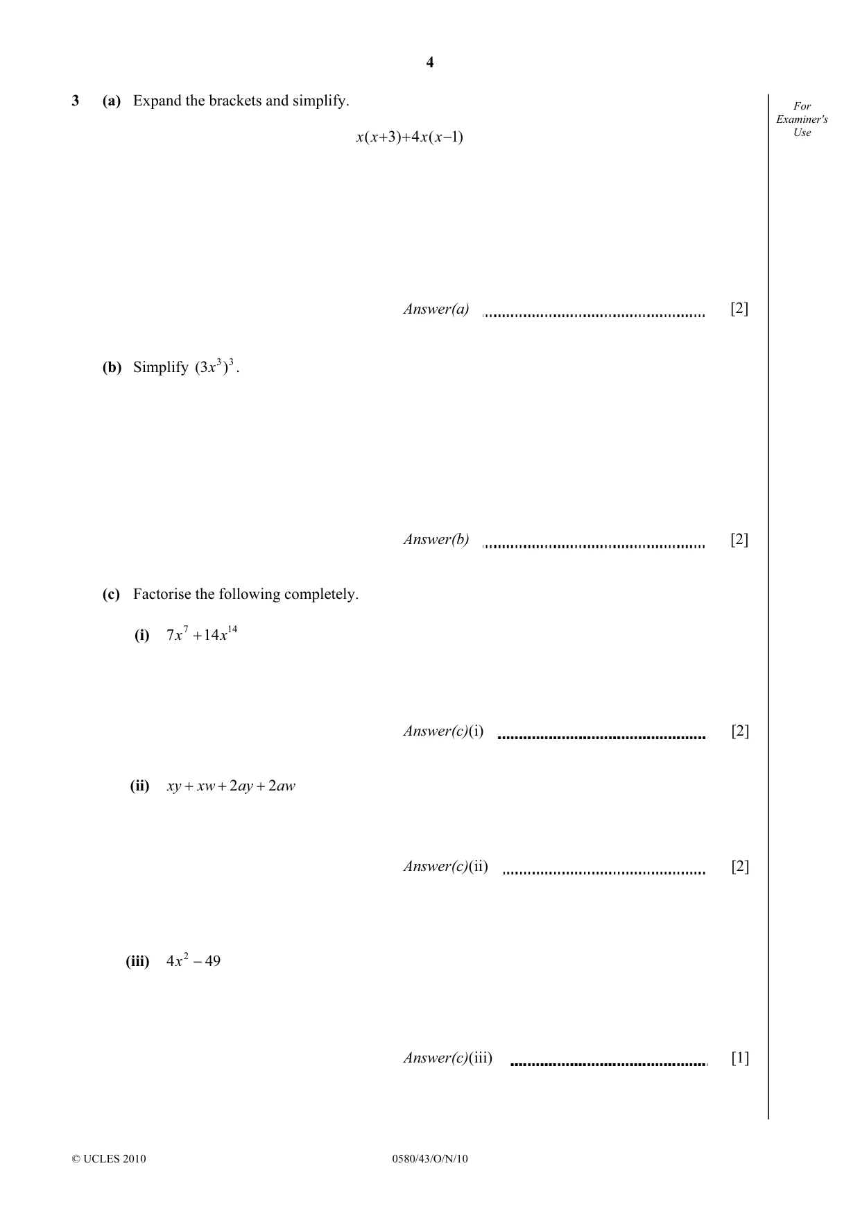 Cambridge IGCSE Mathematics 0580 2010 Oct/Nov Paper 4 · Variant 3 question paper, page 4 of 20