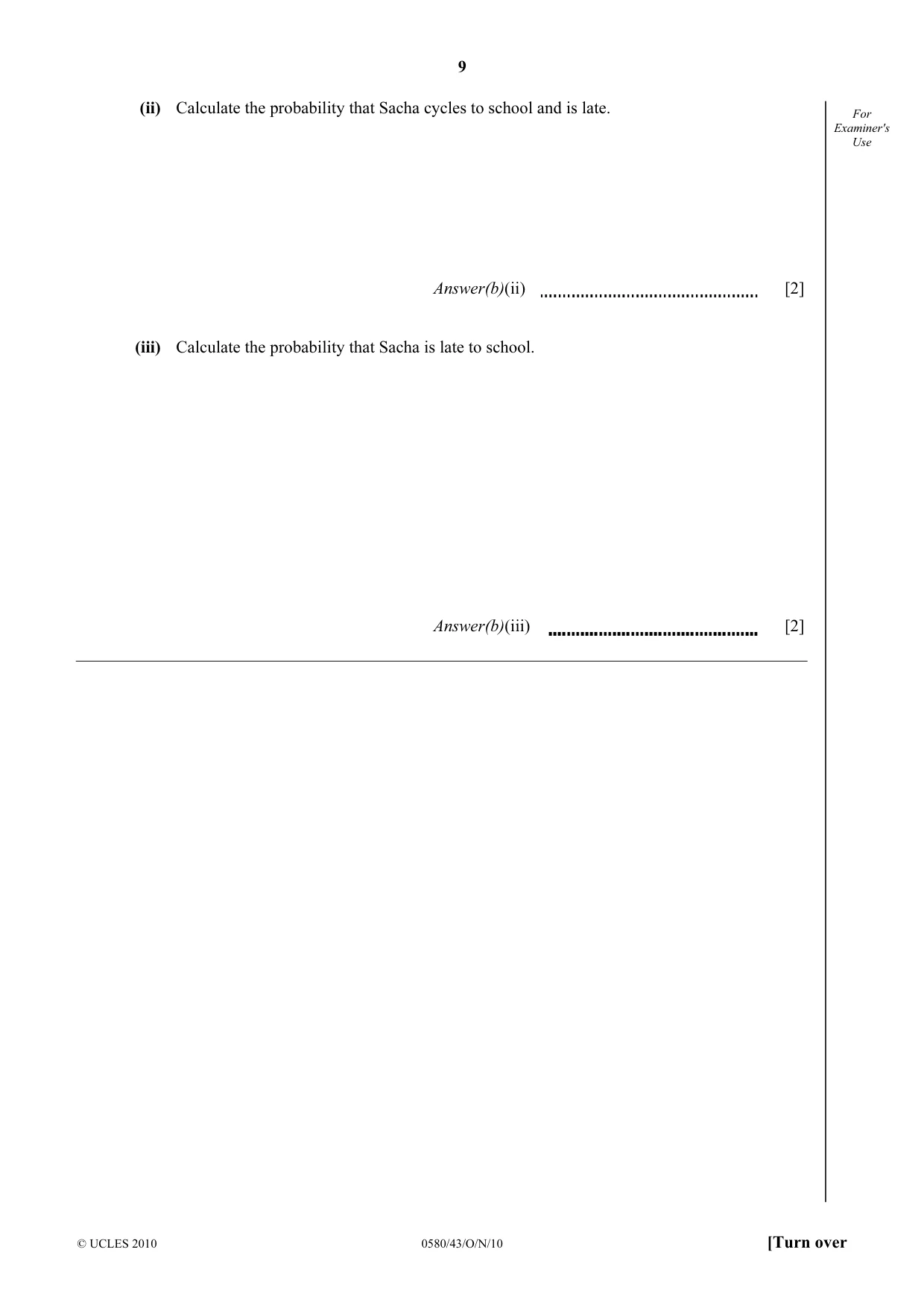 Cambridge IGCSE Mathematics 0580 2010 Oct/Nov Paper 4 · Variant 3 question paper, page 9 of 20