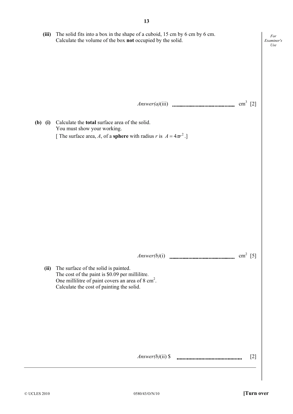 Cambridge IGCSE Mathematics 0580 2010 Oct/Nov Paper 4 · Variant 3 question paper, page 13 of 20