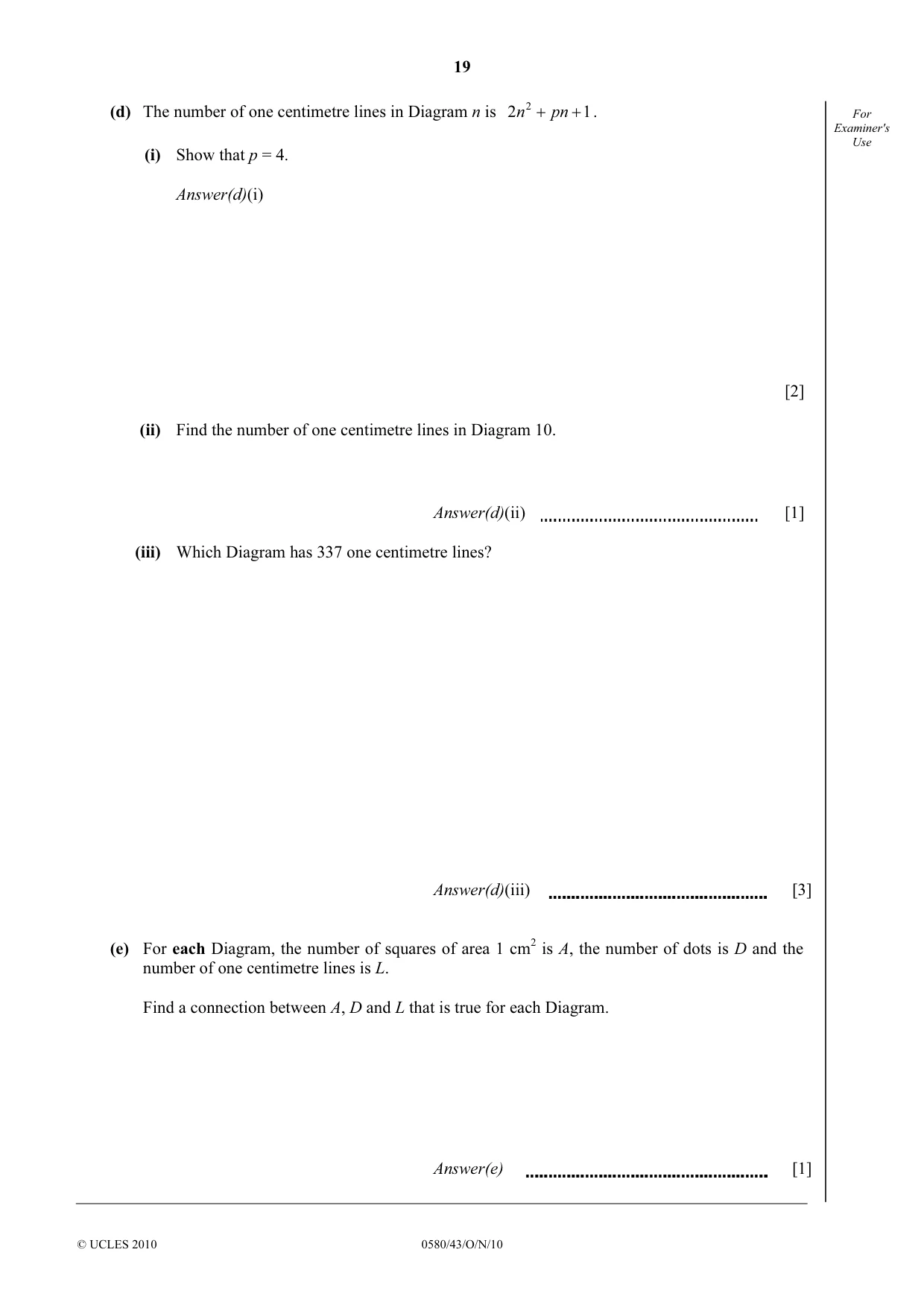 Cambridge IGCSE Mathematics 0580 2010 Oct/Nov Paper 4 · Variant 3 question paper, page 19 of 20