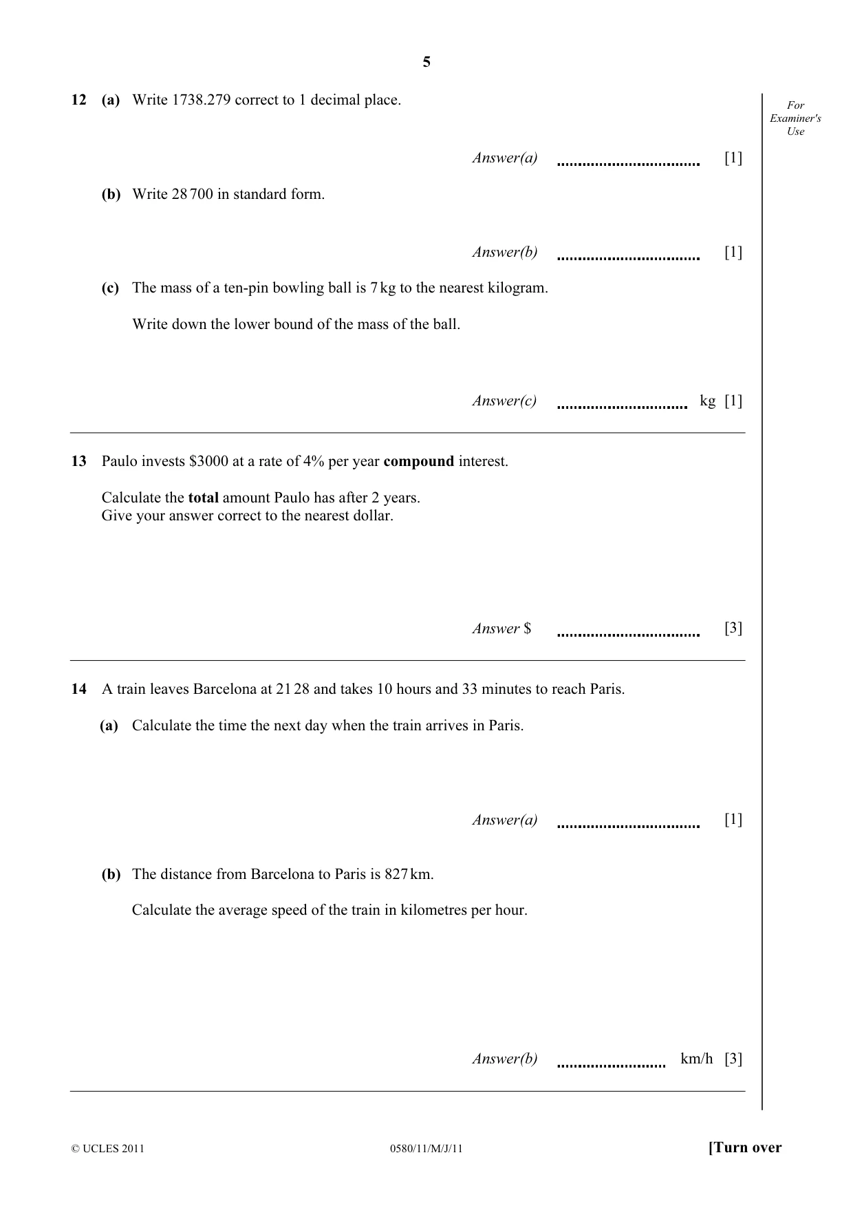 Cambridge IGCSE Mathematics 0580 2011 May/June Paper 1 · Variant 1 question paper, page 5 of 12
