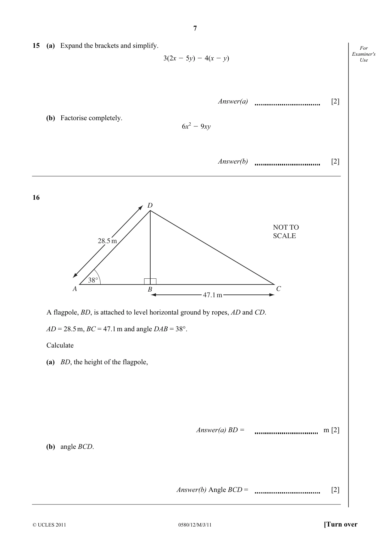 Cambridge IGCSE Mathematics 0580 2011 May/June Paper 1 · Variant 2 question paper, page 7 of 12