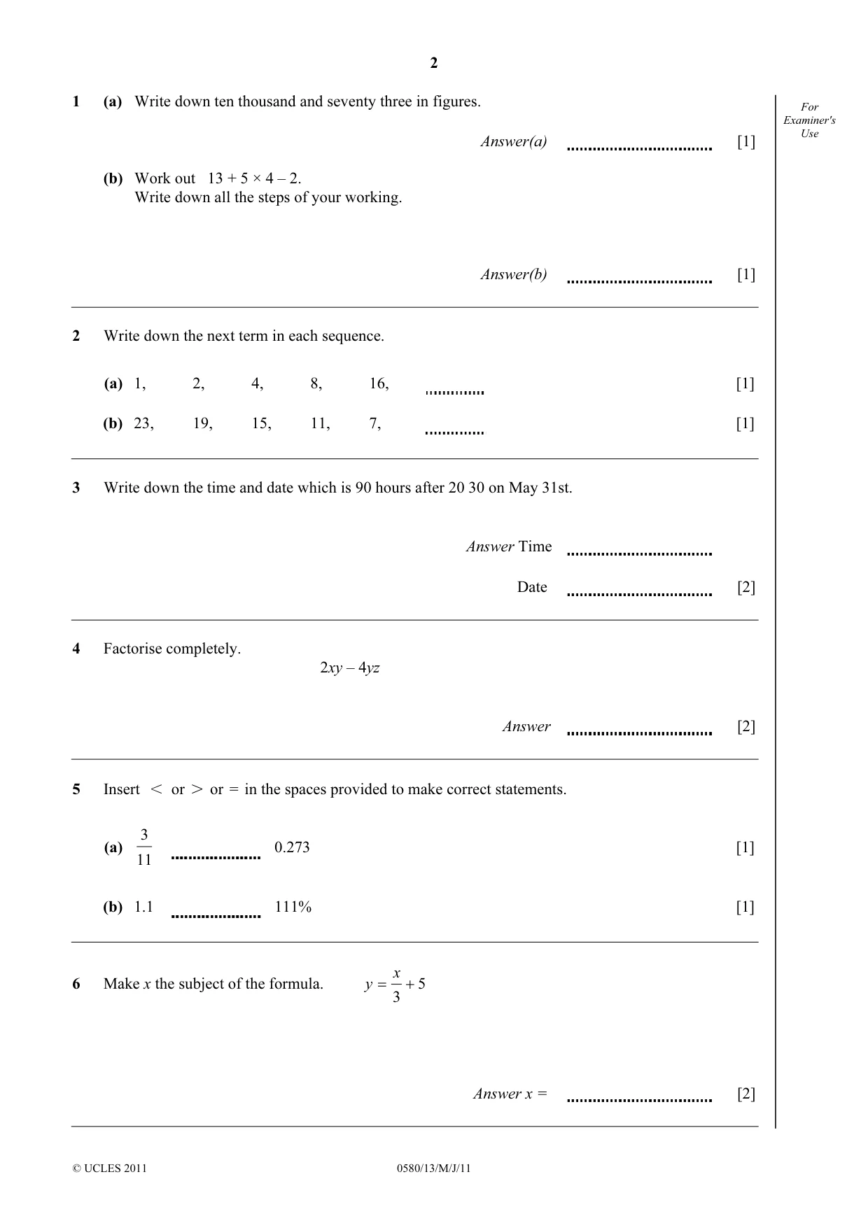 Cambridge IGCSE Mathematics 0580 2011 May/June Paper 1 · Variant 3 question paper, page 2 of 8