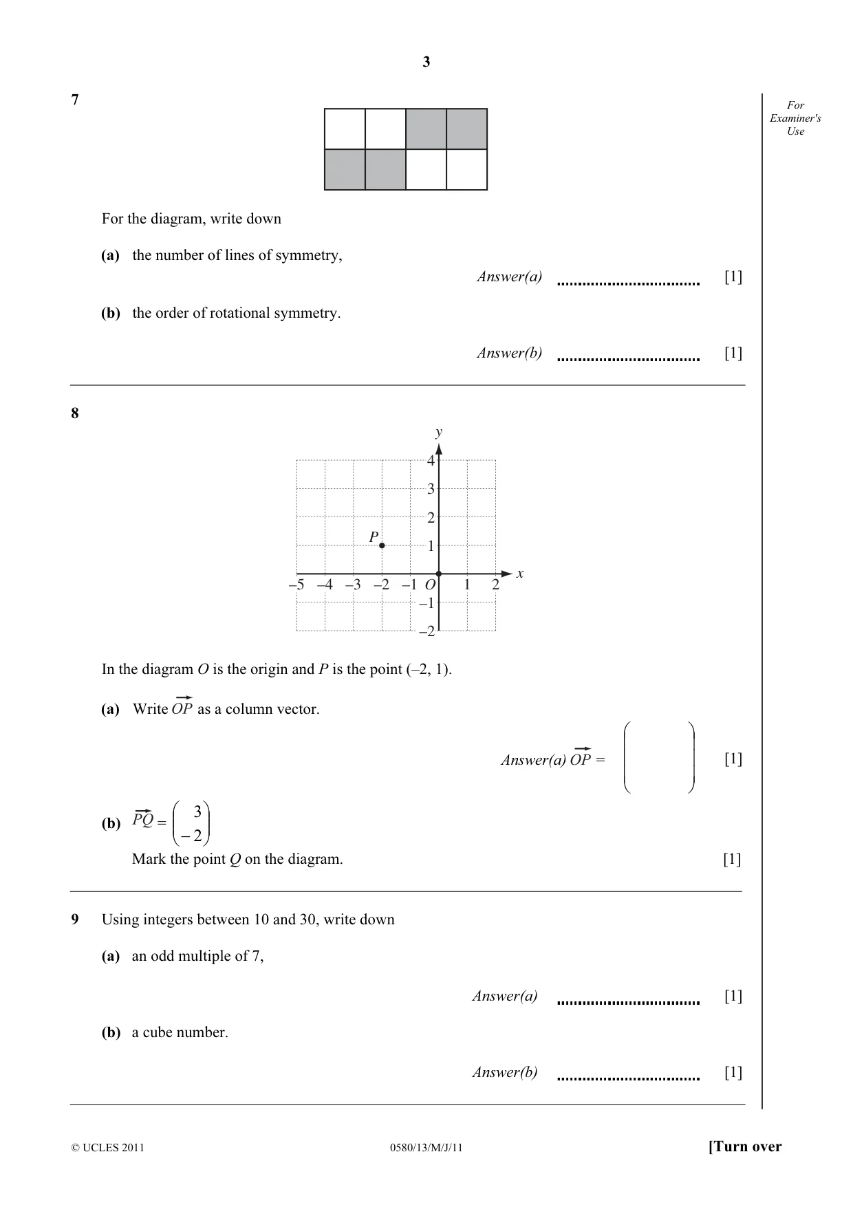 Cambridge IGCSE Mathematics 0580 2011 May/June Paper 1 · Variant 3 question paper, page 3 of 8