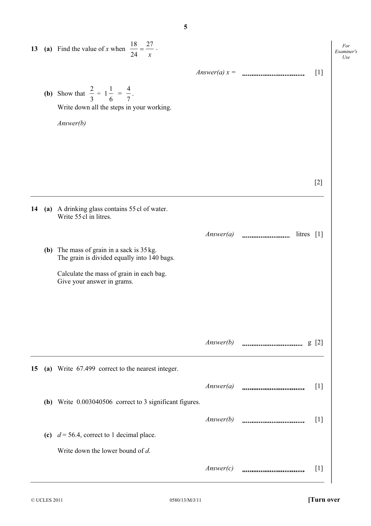 Cambridge IGCSE Mathematics 0580 2011 May/June Paper 1 · Variant 3 question paper, page 5 of 8