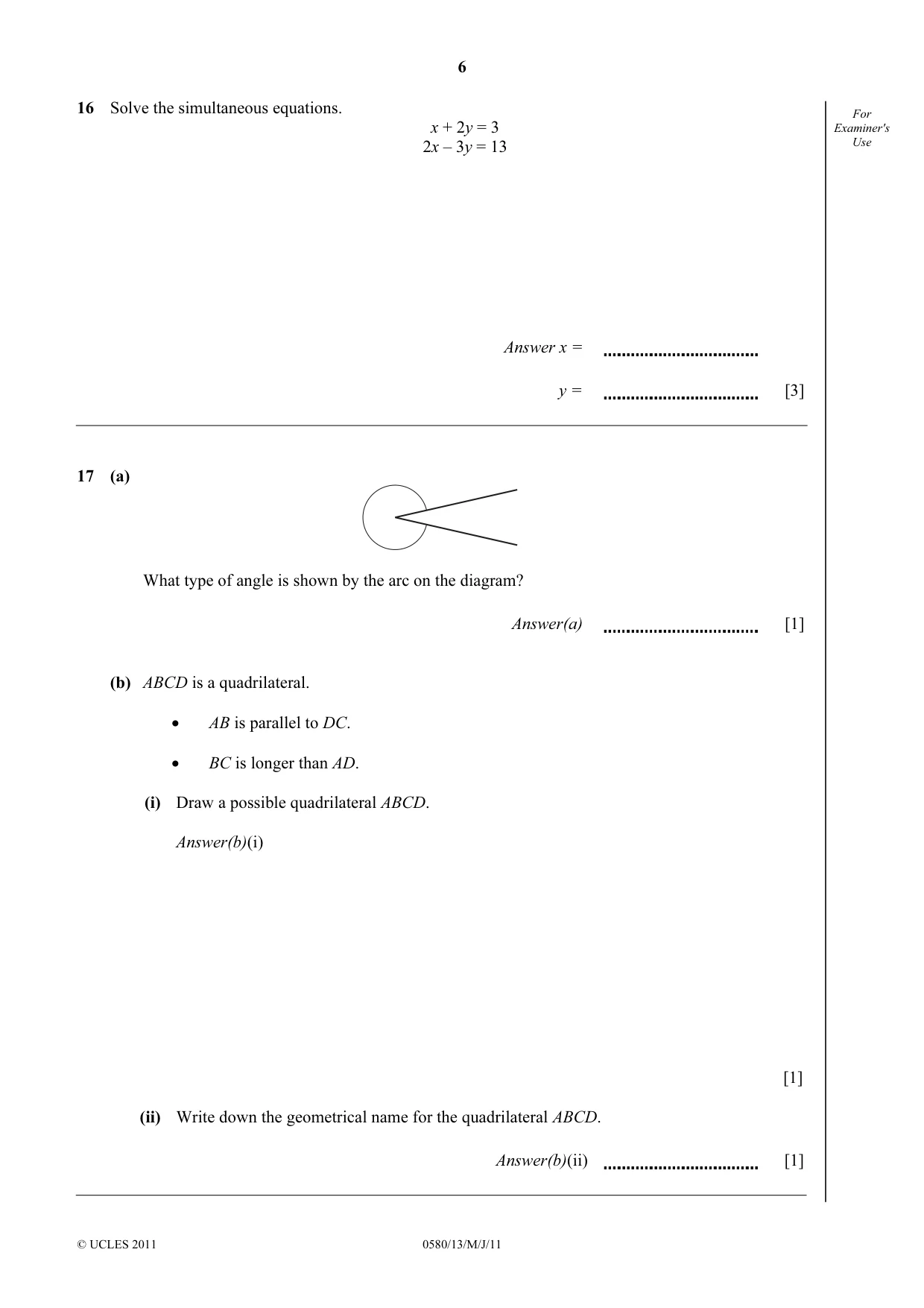 Cambridge IGCSE Mathematics 0580 2011 May/June Paper 1 · Variant 3 question paper, page 6 of 8