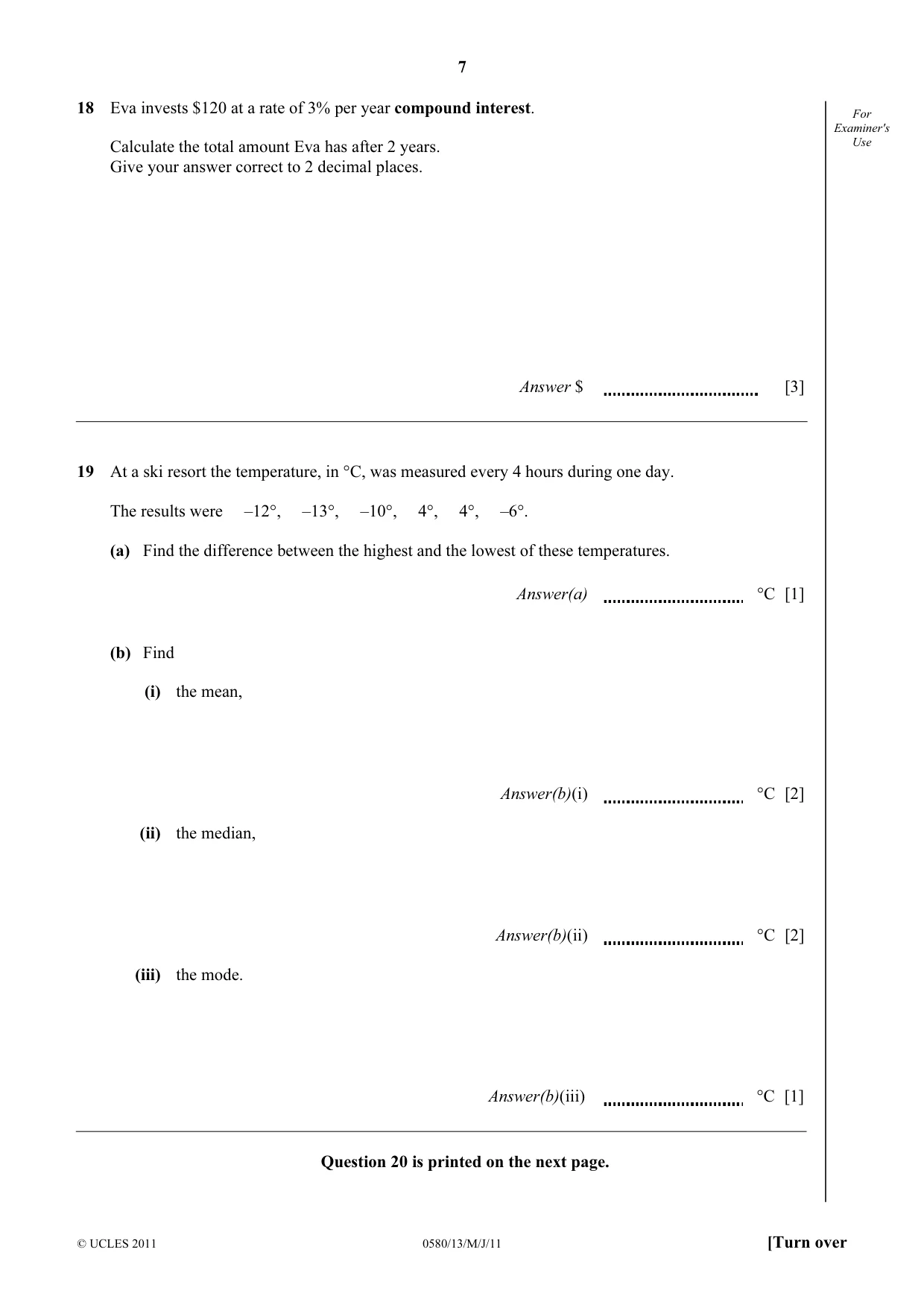 Cambridge IGCSE Mathematics 0580 2011 May/June Paper 1 · Variant 3 question paper, page 7 of 8